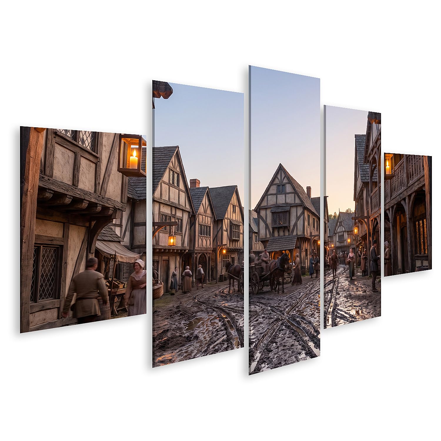 islandburner Quadro su tela, motivo: villaggio medievale storico, decorazione da parete per soggiorno, per gli amanti della storia, 5 pezzi