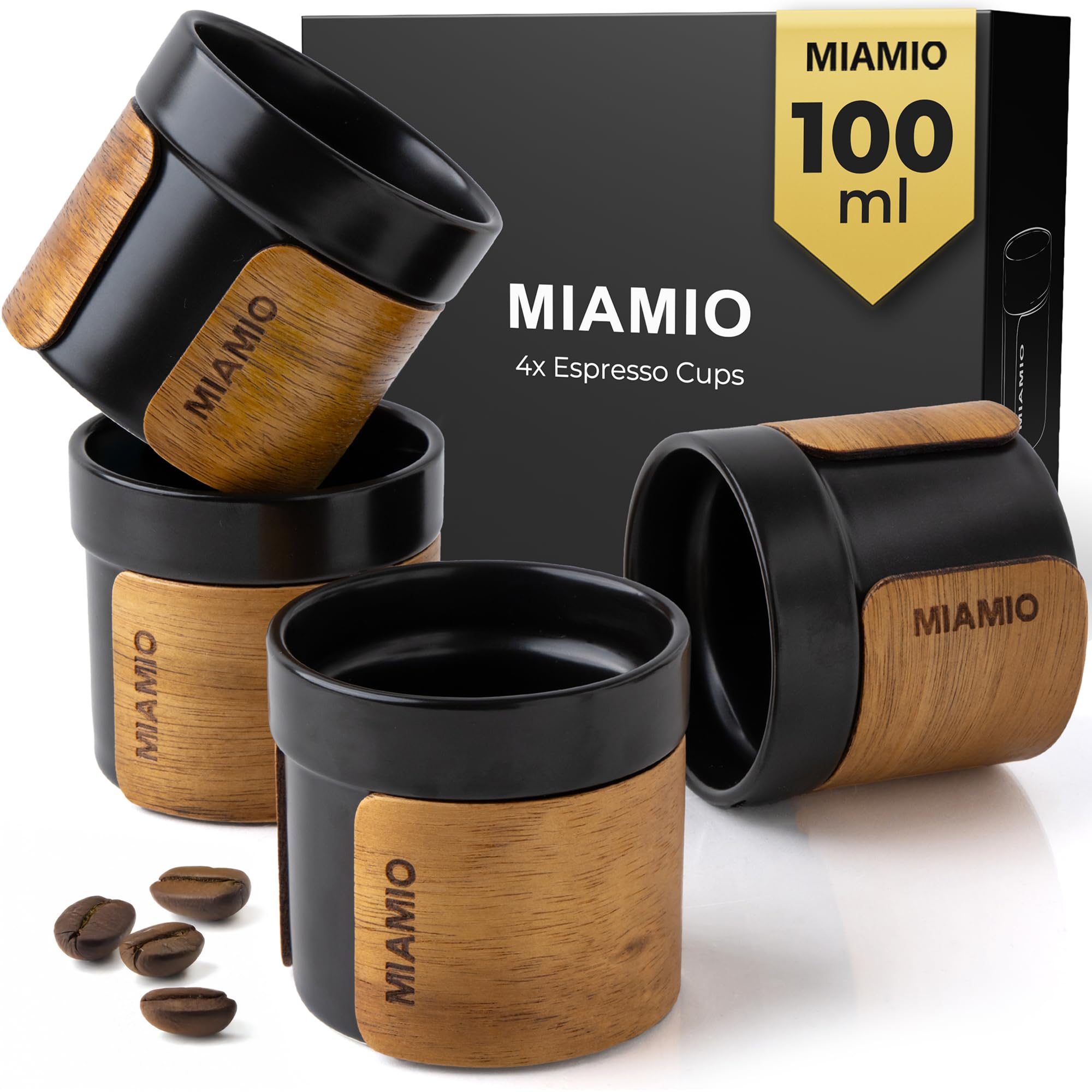 MIAMIO - Keramik Espressotassen/Espressobecher ohne Henkel (100ml)(Schwarz) | Kaffeebecher Keramik ohne Henkel, 4er Set Keramik Espressotassen / Tassen Set für Kaffee, Tee und Matcha mit Holzmanschette