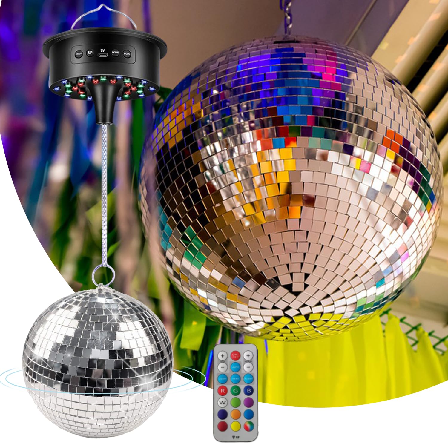 Boule à facettes avec moteur et lumière - 20 cm - Avec moteur rotatif et télécommande - 6 modes de couleur et 30 perles LED - Décoration pour clubs, bars, discothèques et événements