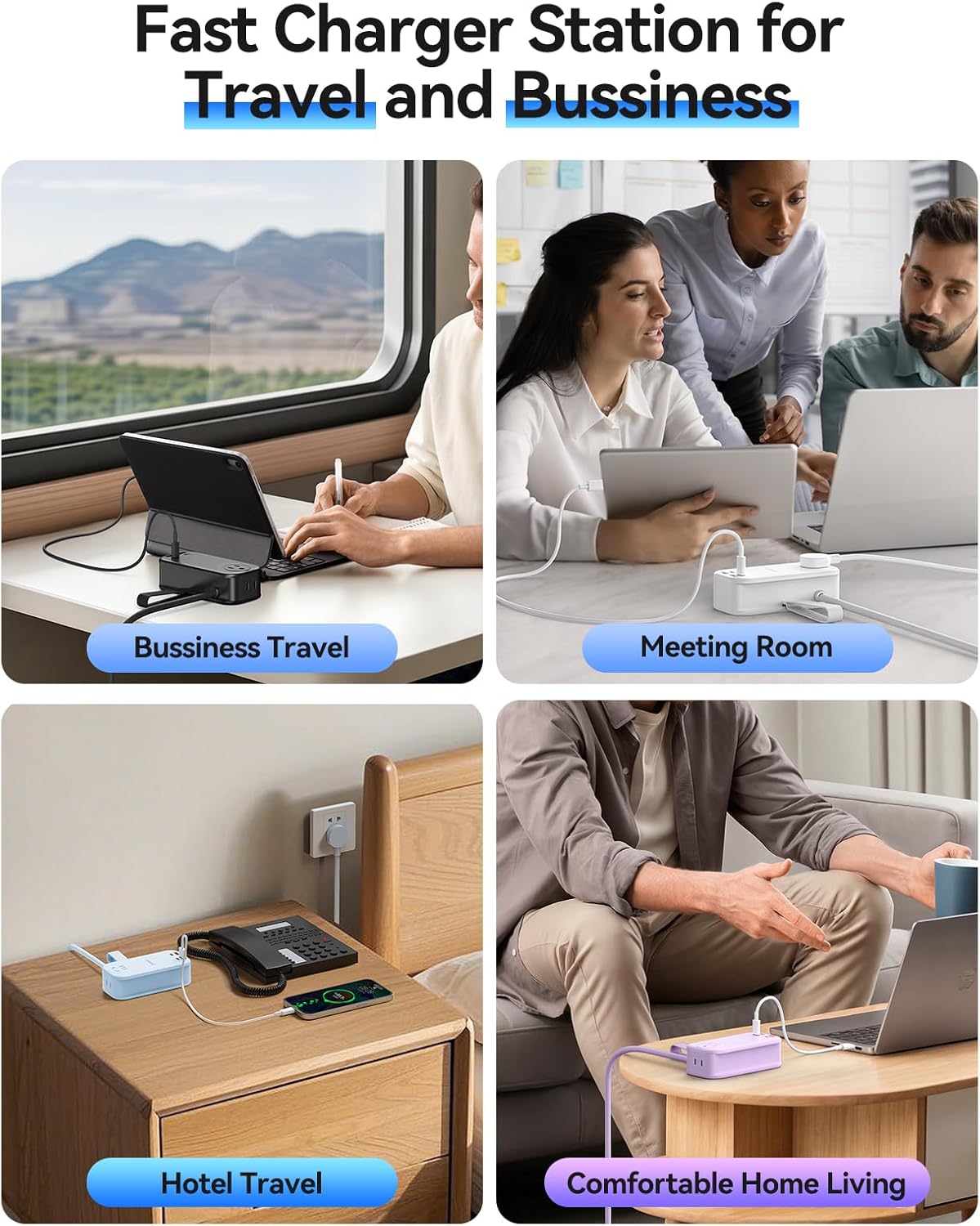 ORICO 100W Fast Charger Station for Laptop, 6 in 1 Multiple Outlets Power Strip(2 AC Outlets, 2 USB-A, 2 USB-C Ports), 5ft Wrapped Flat Plug, Compact Extension Cord for Travel/Office-PP100