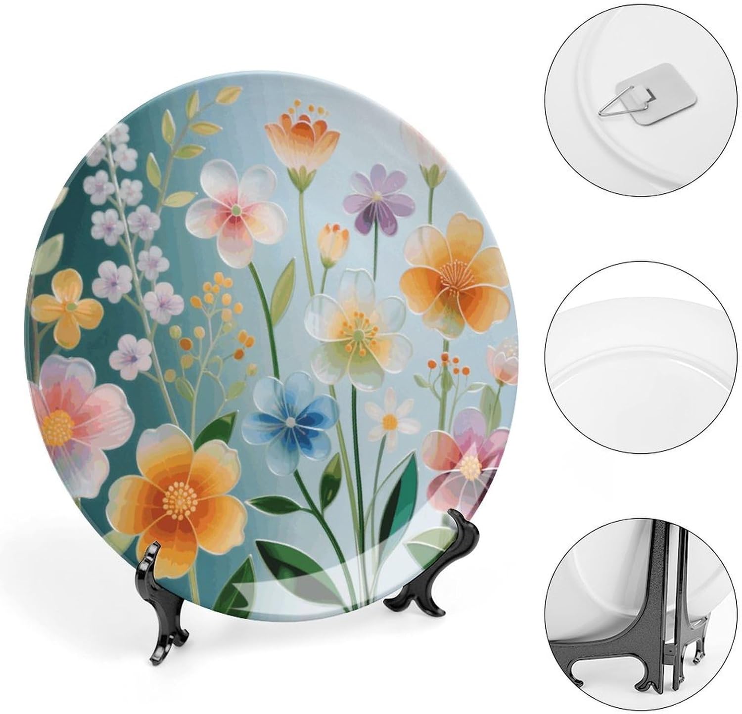 Stained Glass Seasons Decorative Plates Bone China Plates with Stand for Display 10inch Round Ceramic Dinner Plates Dessert Plate for Kitchen Party Coffee Table Decor Art