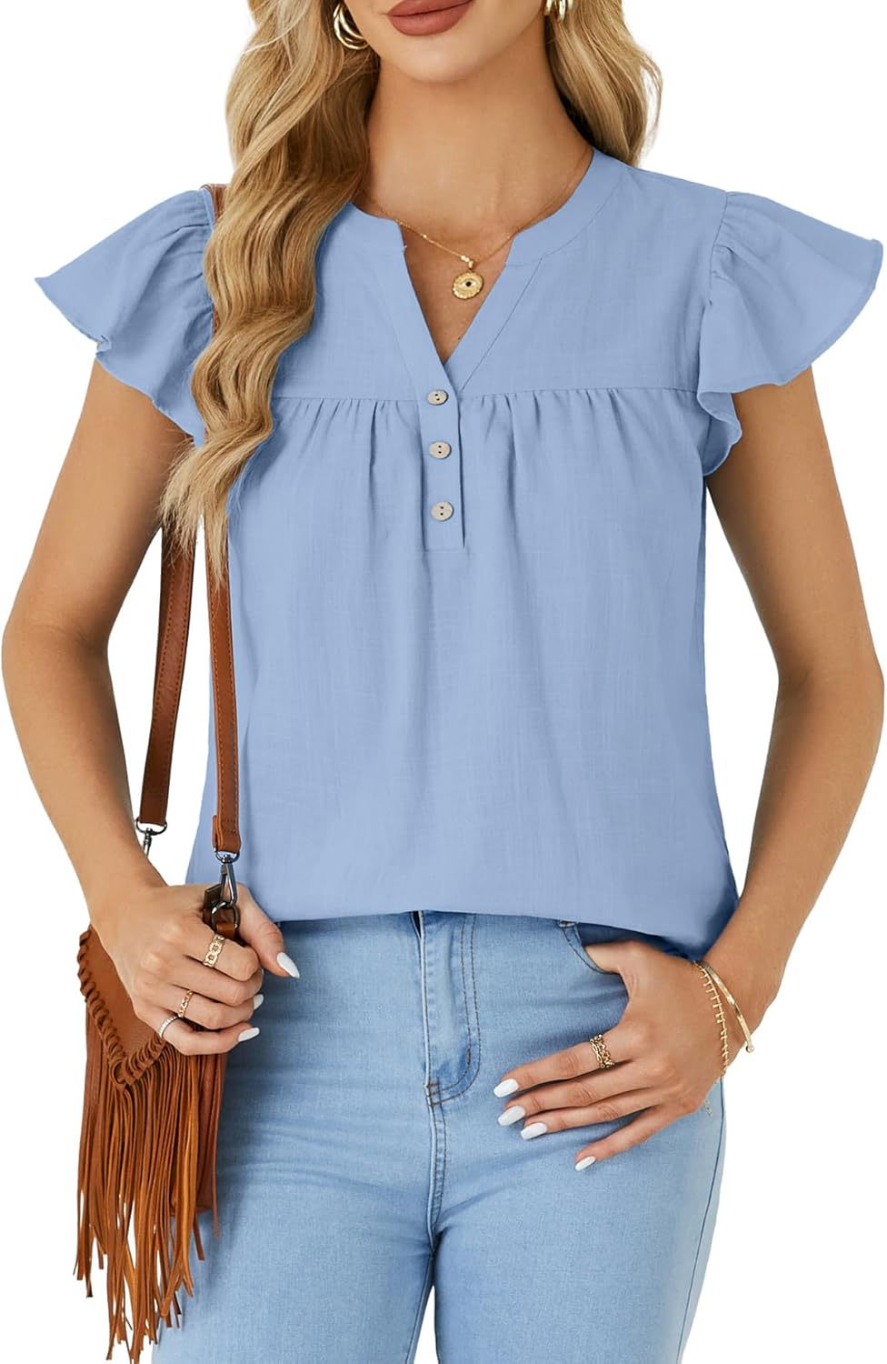 LYANER Women's Cotton Notched V Neck Ruffle Cap Sleeve Sleeveless Blouse Shirt Top