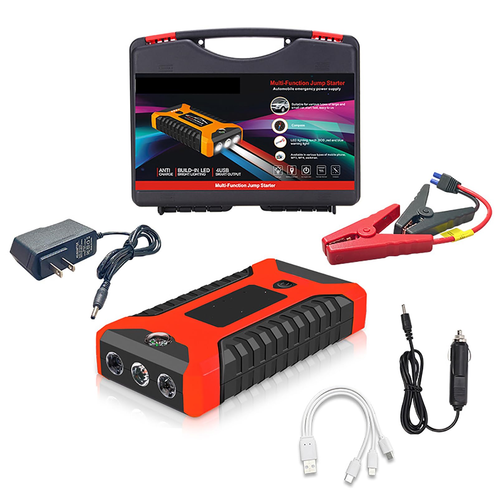 Arrancador de Batería de Coche, Arrancador de Emergencia de Carga Rápida USB, Brújula Portátil con Puertos USB, Elevador de Batería Automático Portátil de 12V