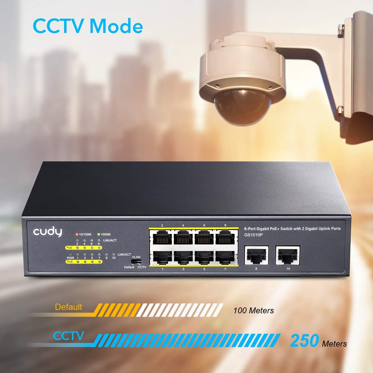 Cudy GS1010P 10-Port Gigabit Ethernet Unmanaged PoE Switch, with 8 x PoE+ @ 120W, Desktop/Rackmount, CCTV / VLAN Mode, 802.3af/ 802.3at, Plug and Play