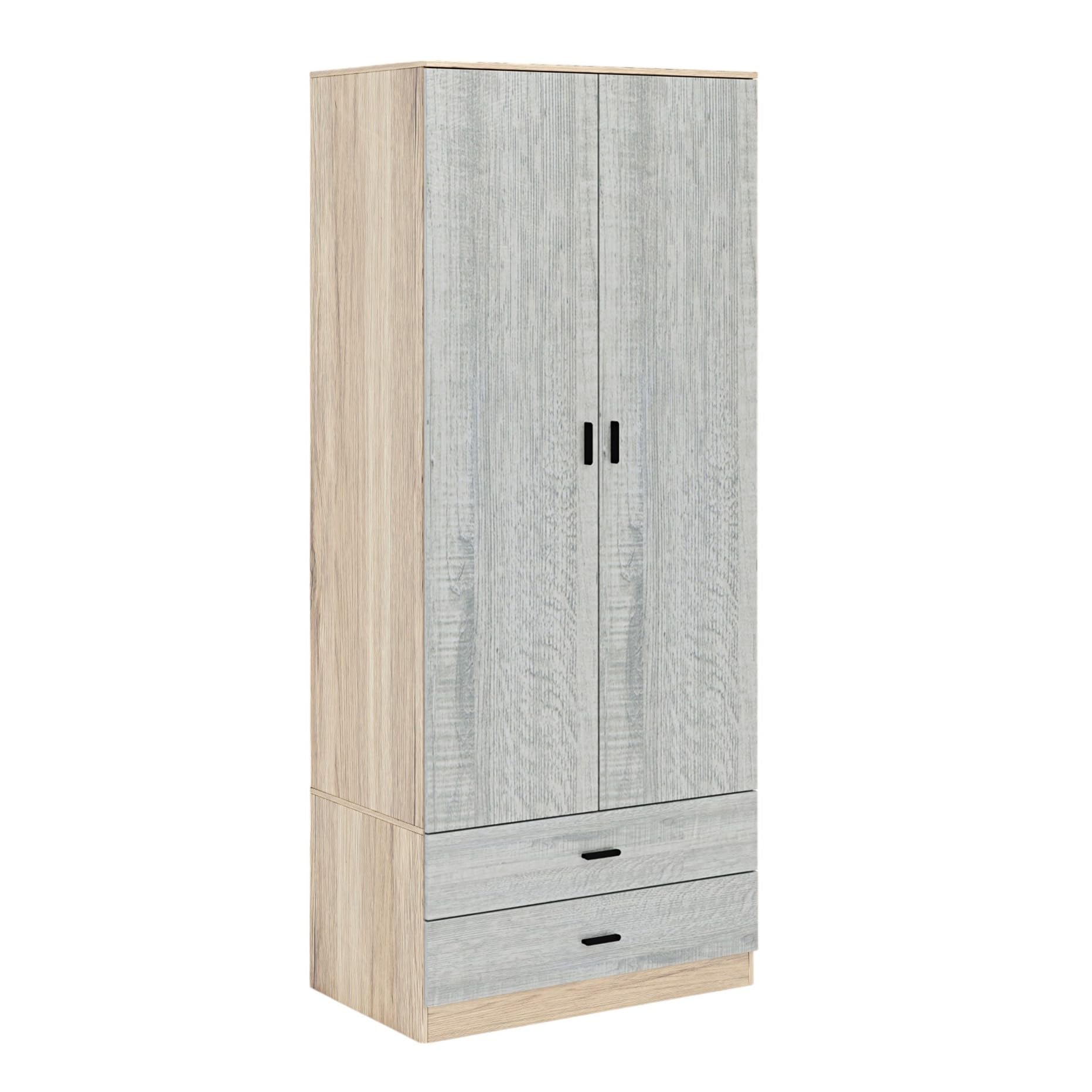 URBNLIVING Tall 2 Door Bedroom Wardrobe With 2 Drawers (Oak Carcass + Ash Grey Drawers)