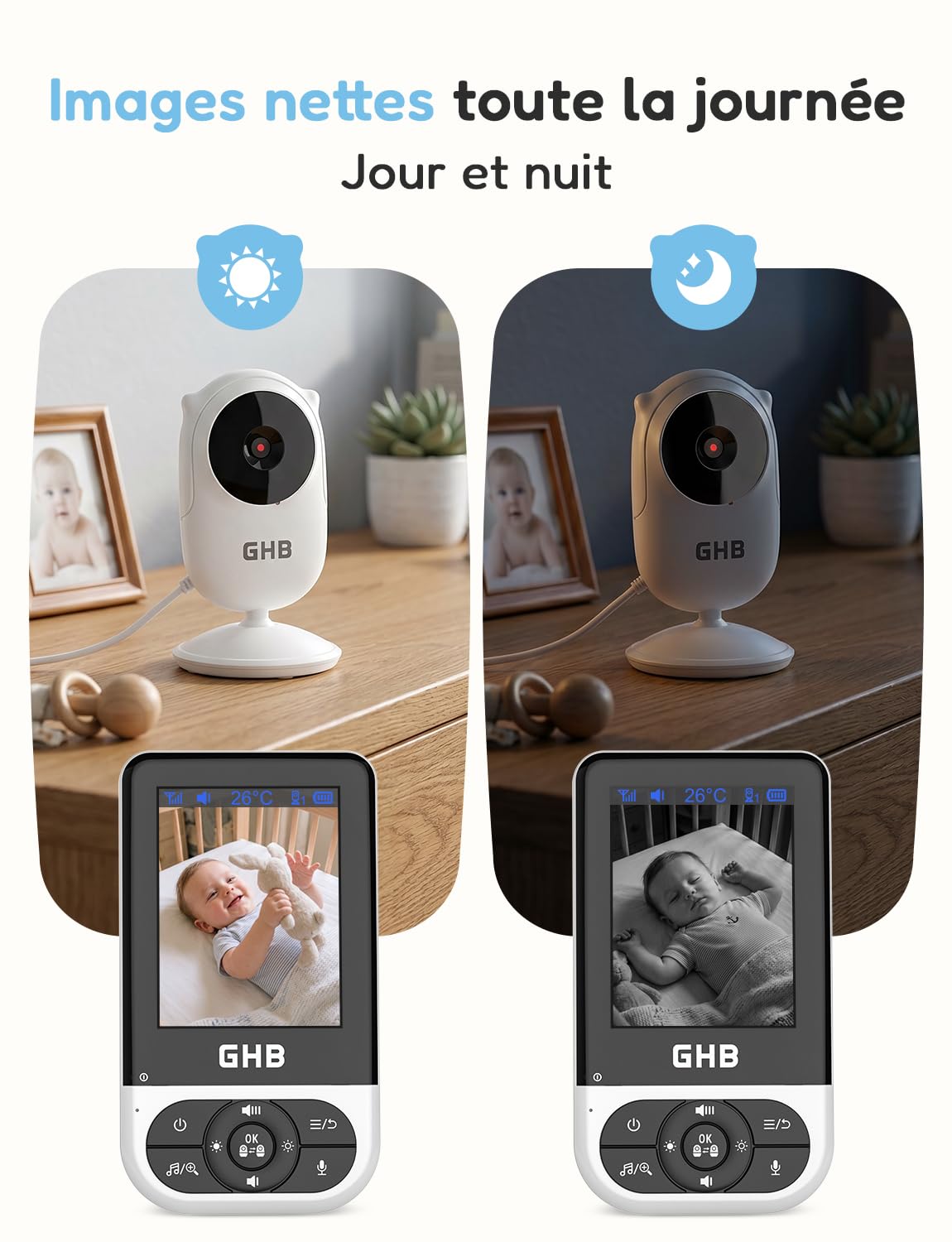 GHB Babyphone Camera Bebe Surveillance sans WiFi VOX Vision Nocturne Noir