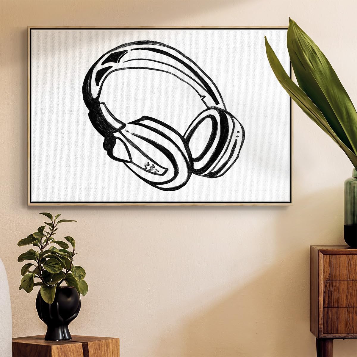Renditions Gallery Canvas Wall Art Paintings Black Headphone Sketch Floater Framed Artwork Decorations for Bedroom Office Kitchen - 25"X37" Natural Frame - GAL004