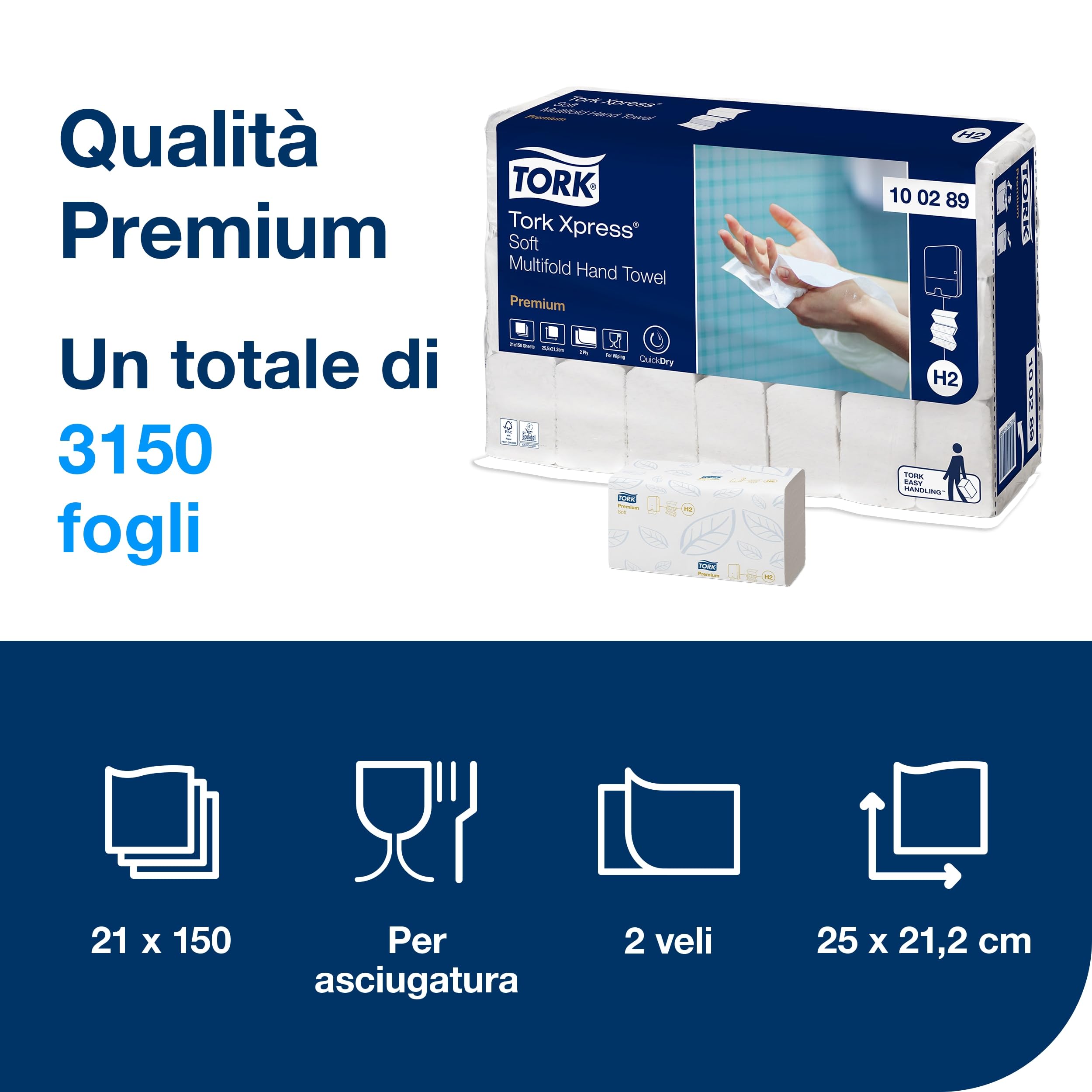 Tork Xpress Tovaglioli di carta intercalati Soft bianchi H2, qualità Premium, 2 veli, piegati a Z, assorbenti, 21 confezioni da 150 asciugamani, 100289