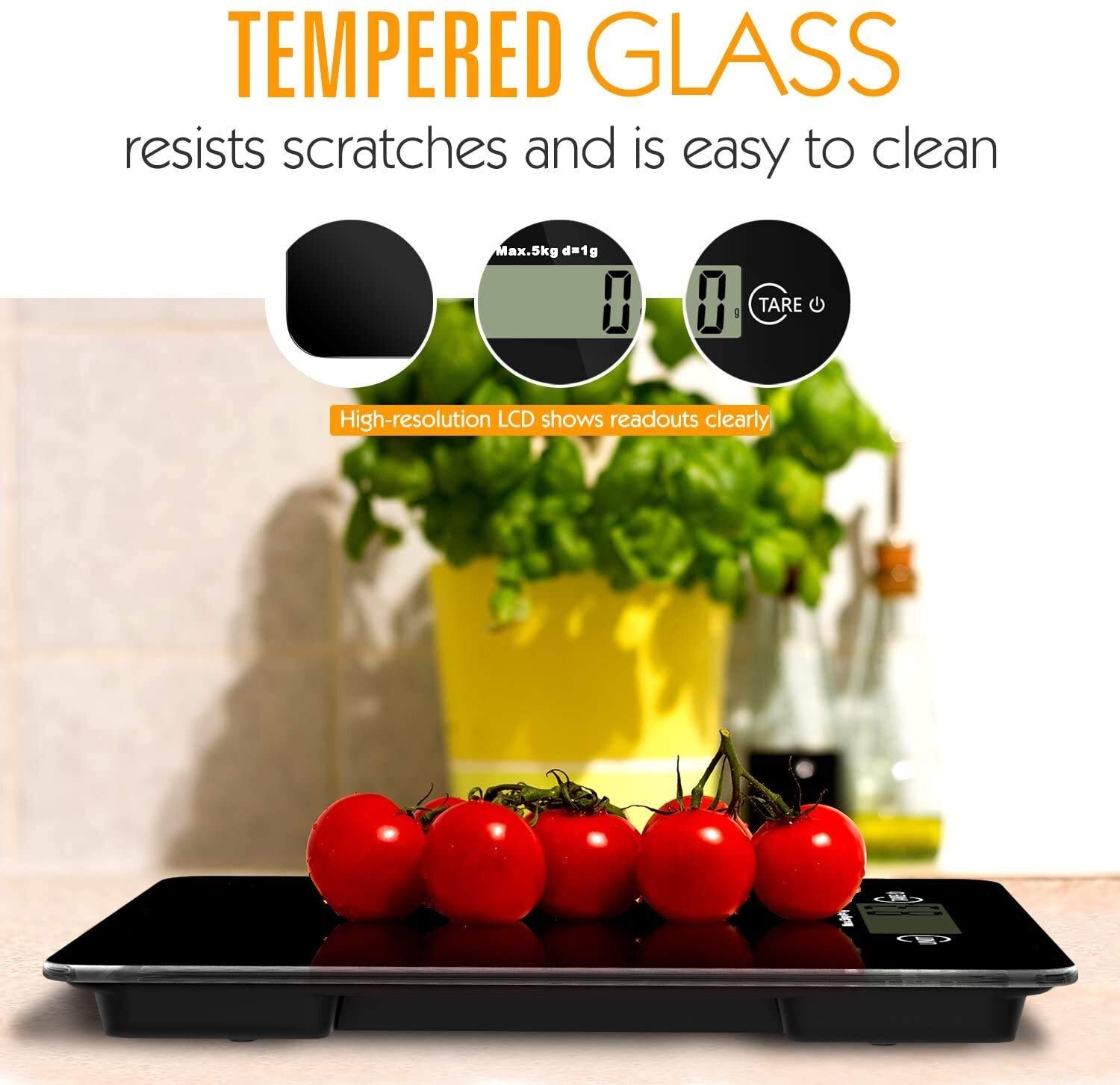 Báscula de Cocina Digital, báscula de Alimentos de Vidrio Templado, báscula de Cocina electrónica de Alta precisión de 11 LB 5 kg con Pantalla LCD, 4 Unidades y función de Tara - Negro