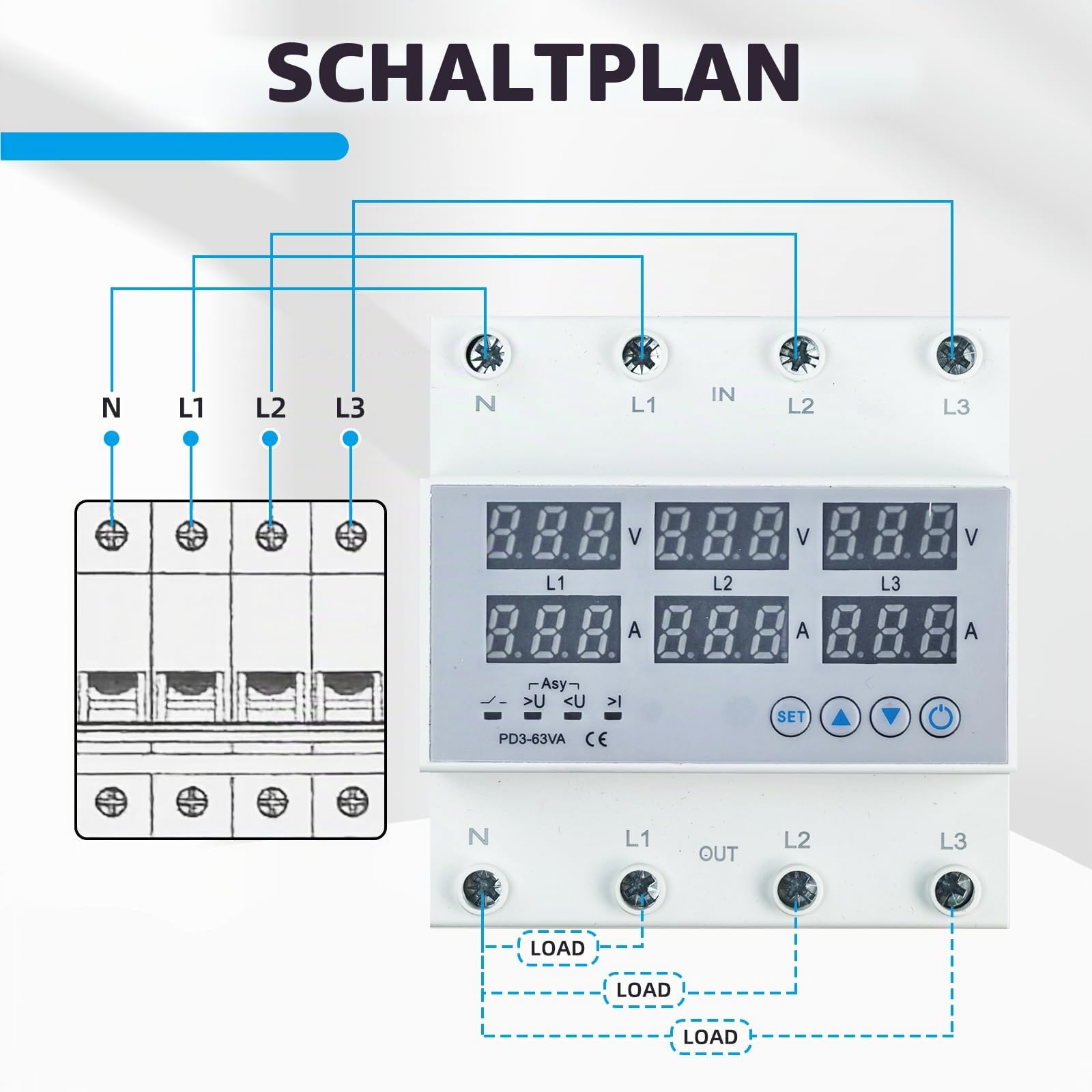 3 Phasen DIN Schienen Voltmeter, Digitales Spannungsüberwachungs Sequenzrelais Stromzähler AC 80-300V 63A, Amperemeter Hutschiene Überspannungs Überstromschutz Automatische Rückstellung Digitalanzeige