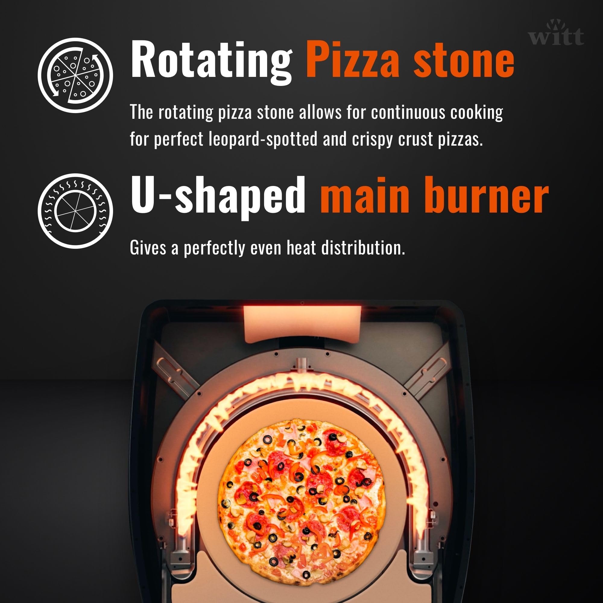 WITT Forno pizza a gas WITT ETNA ROTANTE per pizza napoletana e in teglia, lasagne PIETRA GIREVOLE ROTANTE AUTOMATICA (NERO)