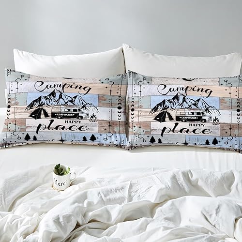 Vista 46 de Camper Decor Sábanas de cama Happy Camping, sábana bajera ajustable de campamento con juego de cama de montaña, juego de cama de verano para Multi 04