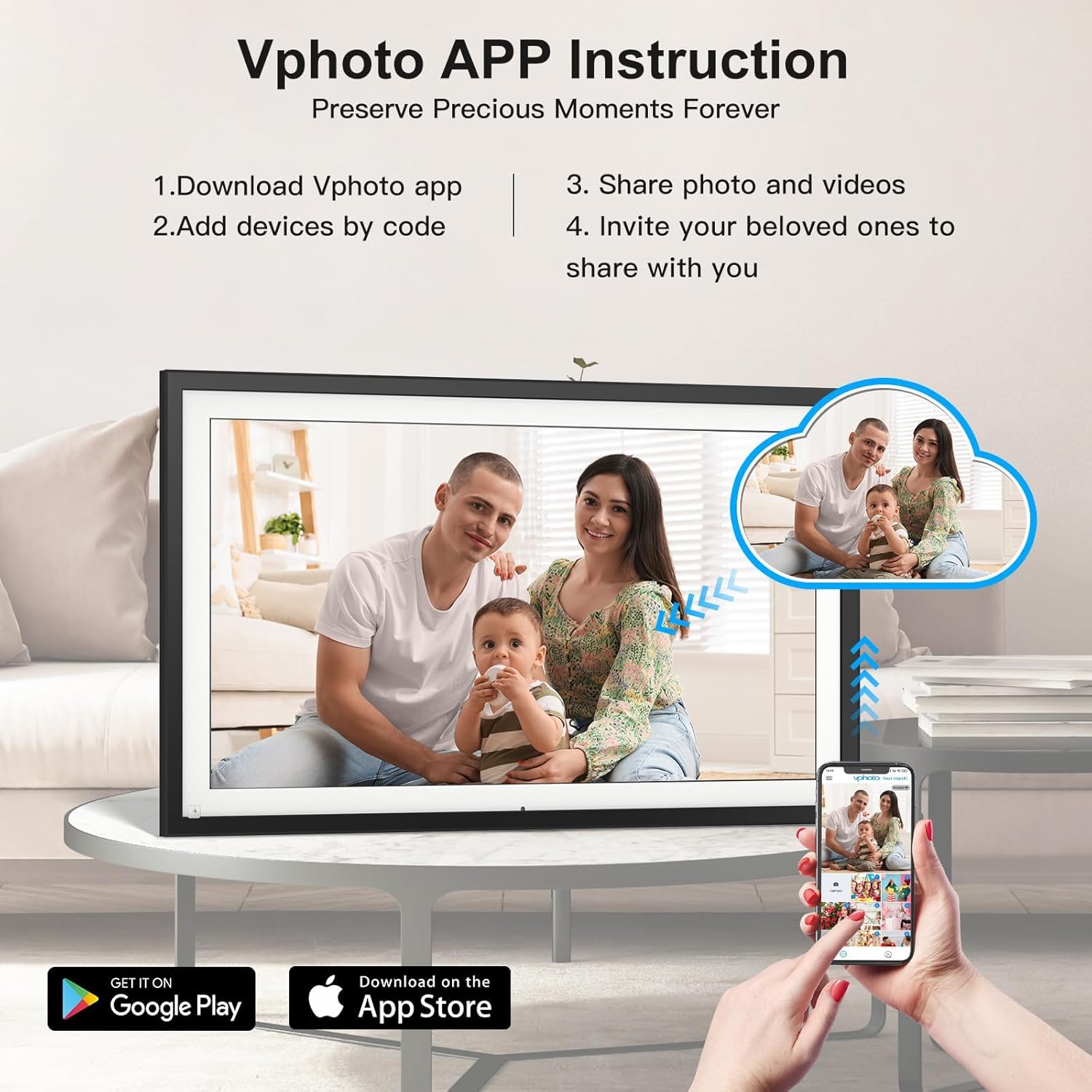 Instructions for Vphoto app download and sharing, showing app store logos