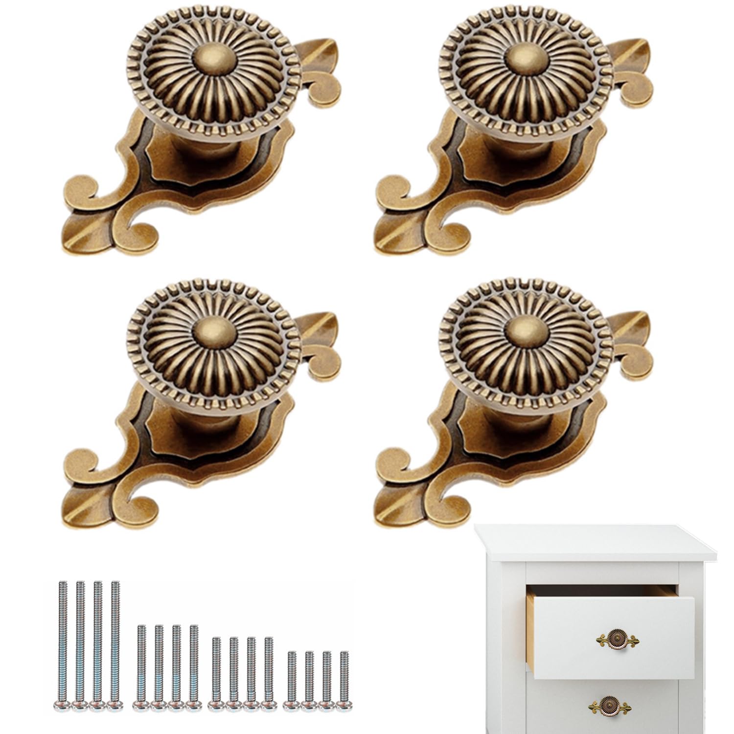 MARSTREE 4 Pack Golden Antique Brass Cabinet Knobs Vintage Retro Mushroom Drawer Knobs Dresser Cabinet Cupboard Wardrobe Kitchen Pull Handles Door Knobs for DIY with Screws