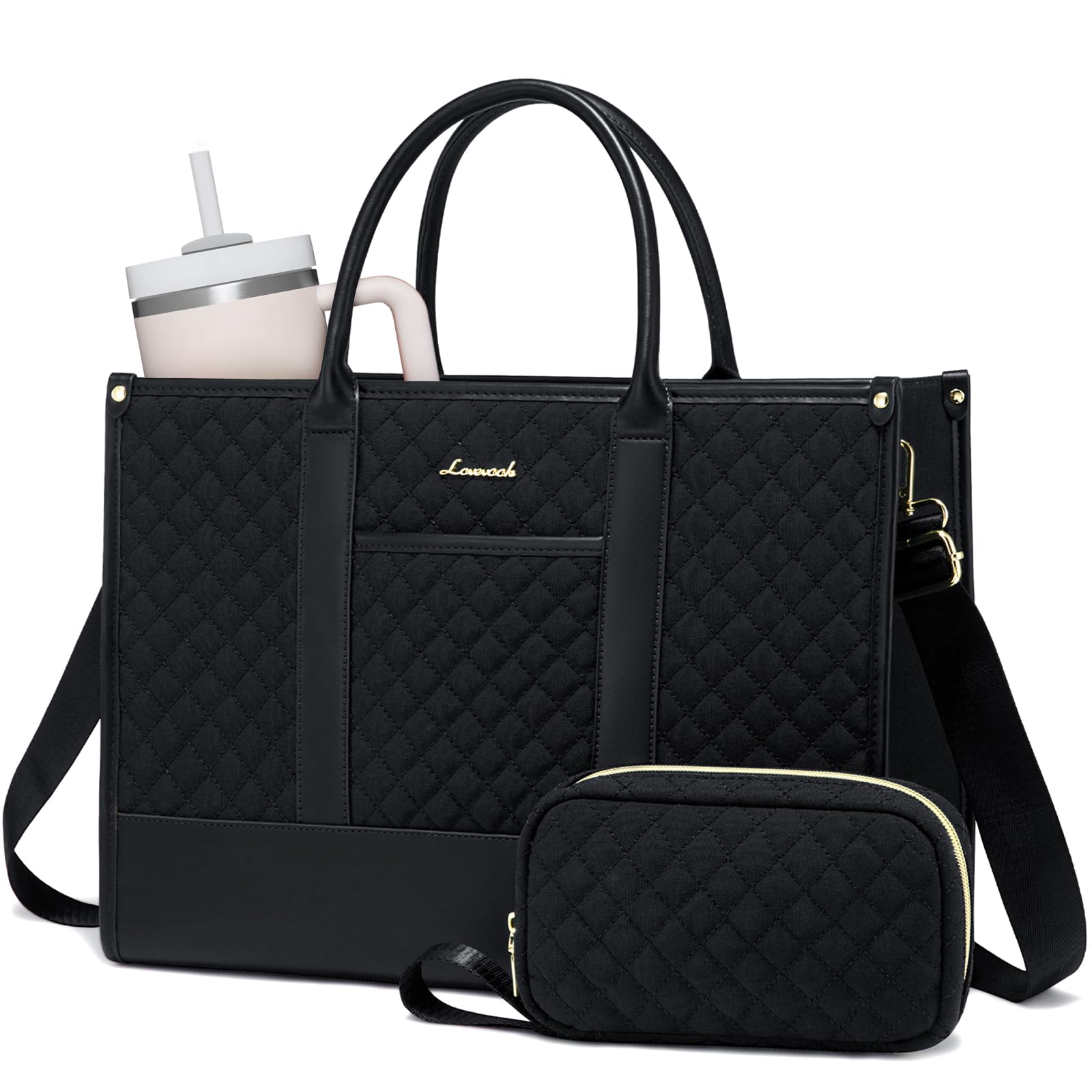 Laptop Bags for Women, 15.6 inch Waterproof Work Tote Bag with Clutch, Professional Teacher Computer Purse Lightweight Shoulder Bag Travel, Quilted Black | 15.6 inch, Waterproof, with Clutch, Professional, Teacher, Lightweight