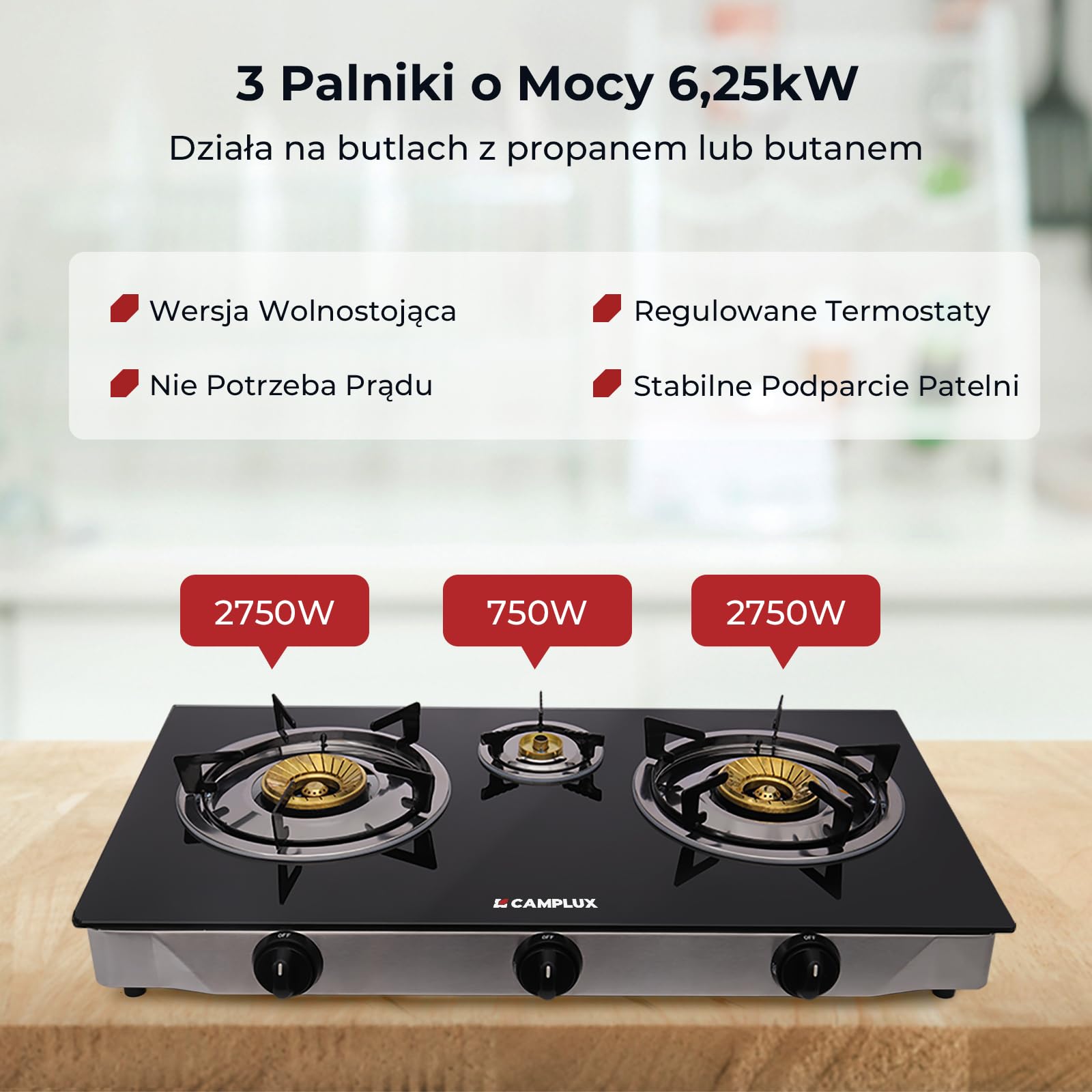 CAMPLUX TC03GB kuchenka gazowa szklana, 3 palniki, 6,25 kW, LPG, przenośna kuchenka kempingowa, 72,5 cm, regulator gazu 50 mbar
