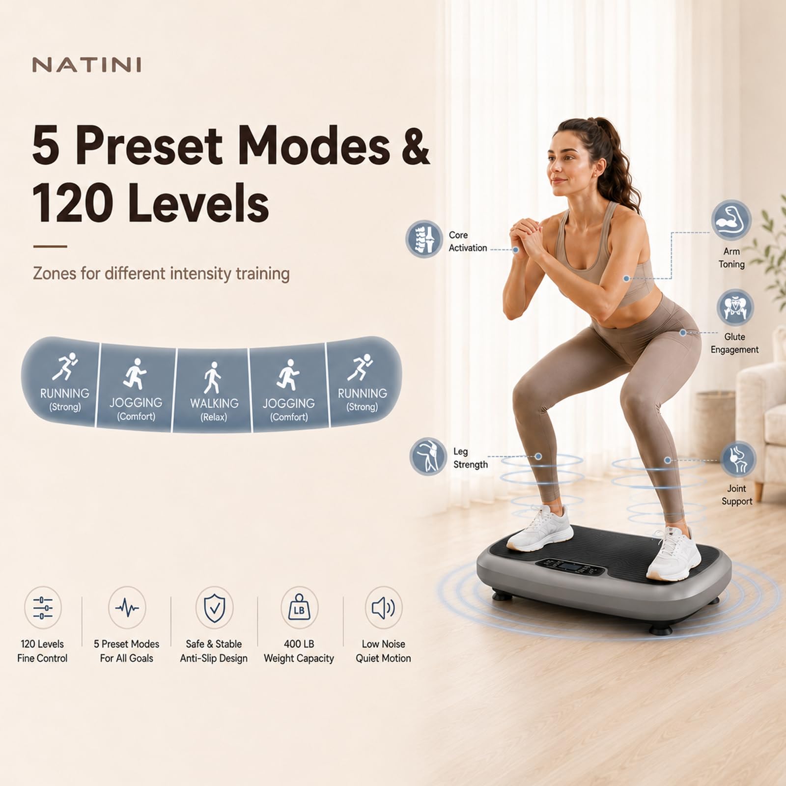 Natini - Placa de vibración, máquina de ejercicio con plataforma de vibración para todo el cuerpo con altavoz Bluetooth, equipo de fitness en casa para bajar de peso y tonificación (tamaño grande)