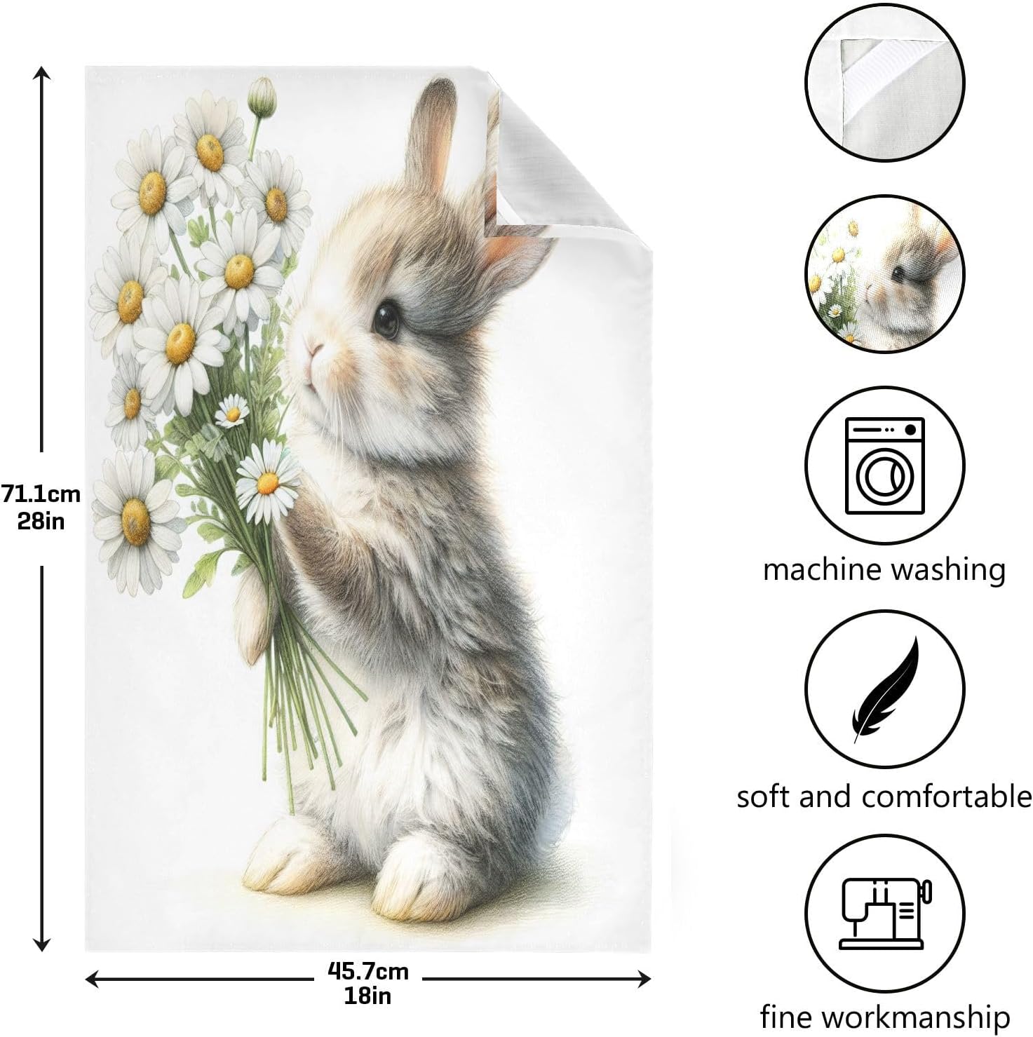 Cute Rabbit with Daisies Kitchen Towels Set of 6, Soft Absorbent Quick Drying and Reusable Dish Towels for Kitchen, Bathroom and Home Decor, 18 x 28 in