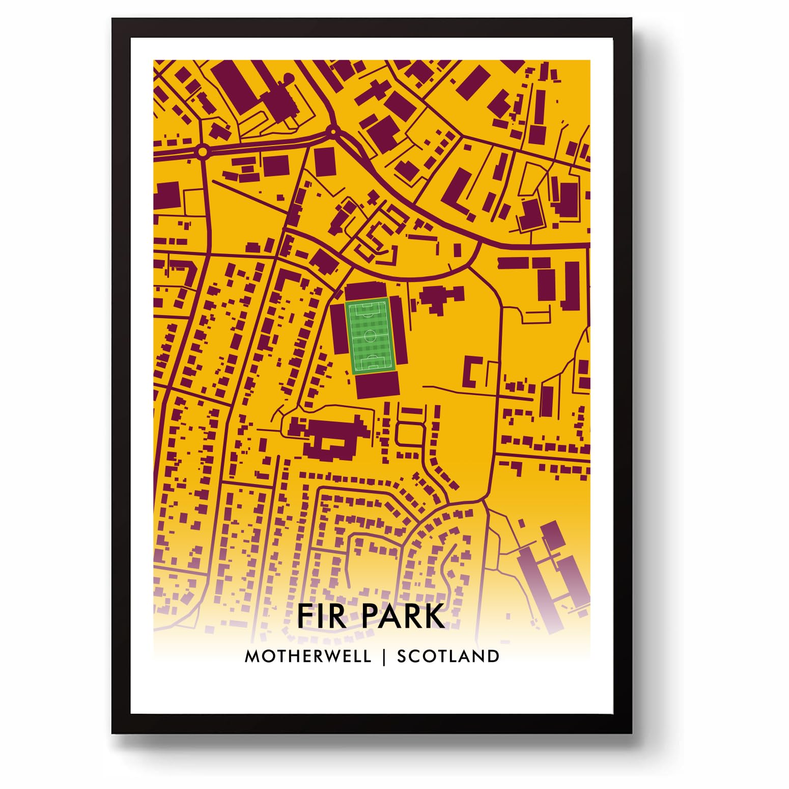 GroundDesigns MOTHERWELL FC Football Gift FIR PARK Stadium Art Map Unframed A3 Print MFC, Amber and claret, 42L x 29.7W cm