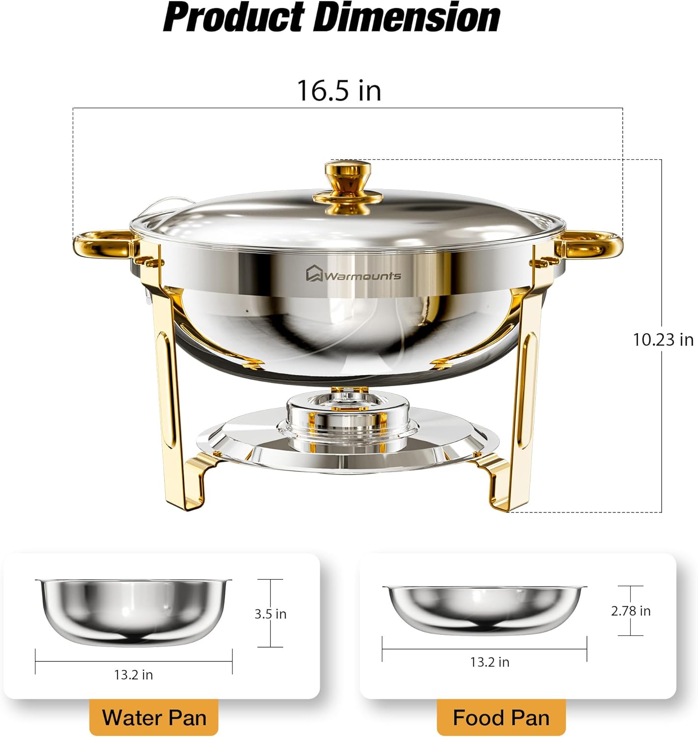 WARMOUNTS Round Chafing Dishes for Buffet (5QT, 4 Pack), Gold Stainless Steel Chafers and Buffet Warmers Sets with Lid Holder, Rolled Rim Process, Stackable Design, for Catering, Parties, Weddings - Image 7