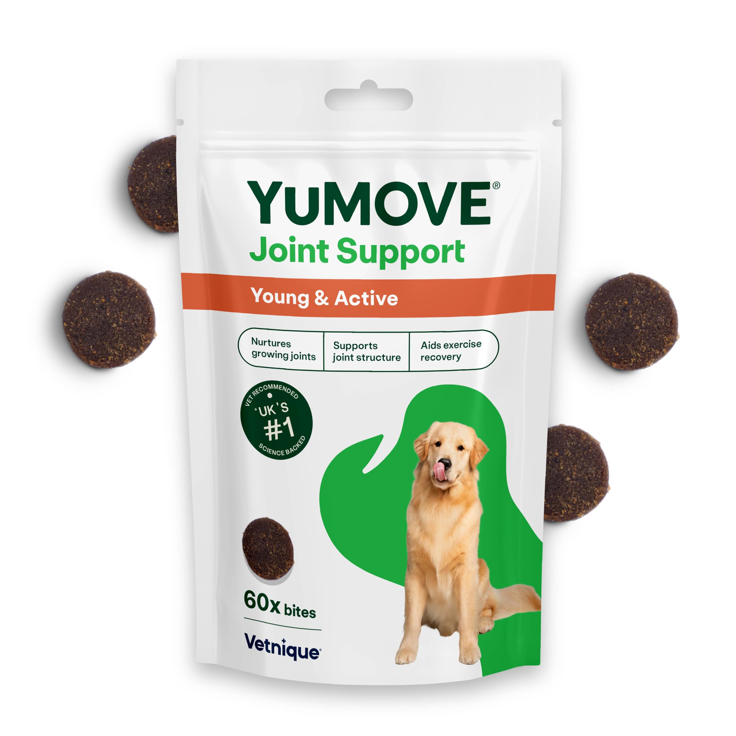 YuMOVE Joint Supplement for Dogs, Daily Bites for Joint Care, Essential Dog Hip and Joint Aid for Active and Growing Dogs Aged up to 5 Years, 60 Chews