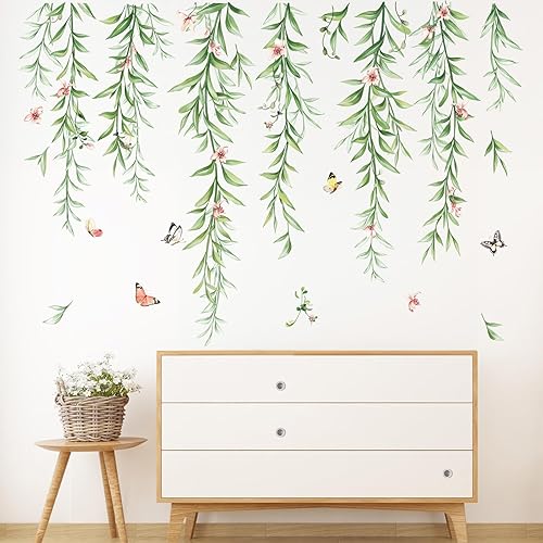 Miniatura 2 de wondever Calcomanías de pared colgantes de vides, flores, plantas, hojas verdes, despegar y pegar, calcomanías de arte de pared para sala de estar,