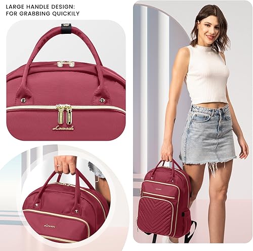 Miniatura 6 de LOVEVOOK Mochila para laptop para mujer, mochila de trabajo de moda con puerto USB, mochilas impermeables para el trabajo., Rojo vino, Moda ligera e
