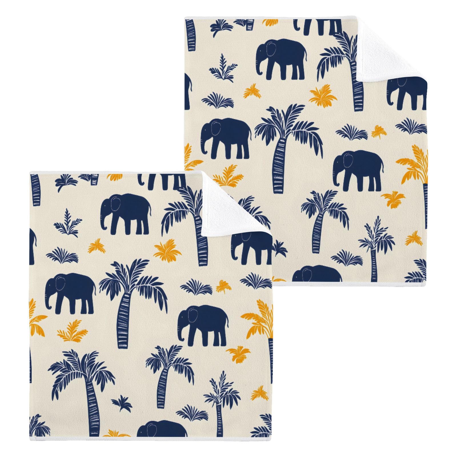 ALAZA Wash Cloth Set 100% Cotton Fingertip Towels Face Cloths Sets Palm Trees Elephants Highly Absorbent Soft Feel Set of 2