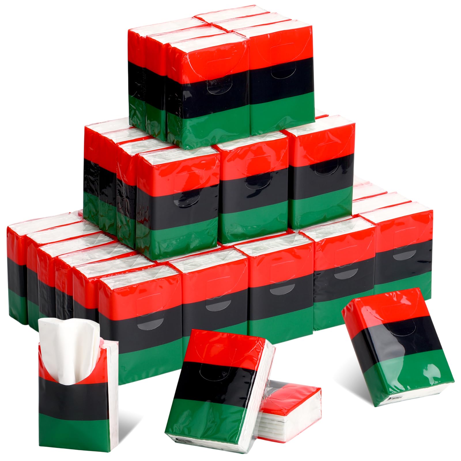 Dunzoom 50 Pack Juneteenth Tissue Packs Decorations Juneteenth Supplies Goodie Bag Stuffer Pocket Tissue Red Green Paper Napkin for Party Supplies Office and Home(Red,Black, Green)