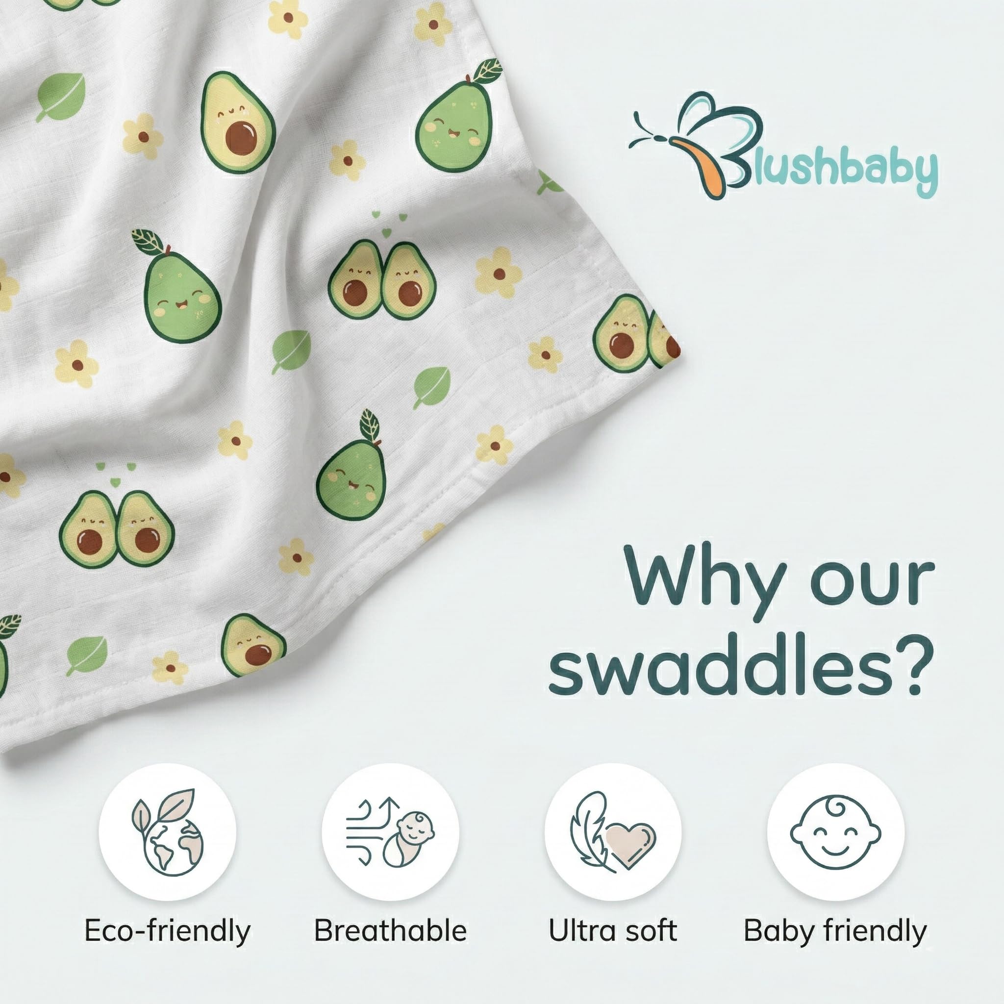 Blushbaby Premium Muslin Swaddle Wrap for Newborn Baby Pack of 4 | 120 GSM, 100x100 cm | Ultra Soft Breathable Malmal Baby Swaddle Blanket, Lightweight Baby Wrap, Blanket for Infants 3