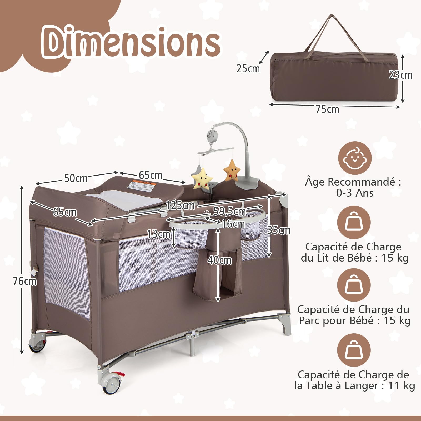 DREAMADE Lit Parapluie Bébé avec Matelas,5 en 1 Lit Cododo 125x65x76CM Tout-Petites 0-3 Ans avec Porte-Couches,Roues Verrouillables,Musique,Jouets Suspendus,Table à Langer,Sac de Transport (Marron)