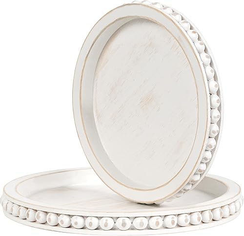 GHIAKQYT Bandeja decorativa redonda con cuentas de madera blanca rústica, multiusos, duradera
