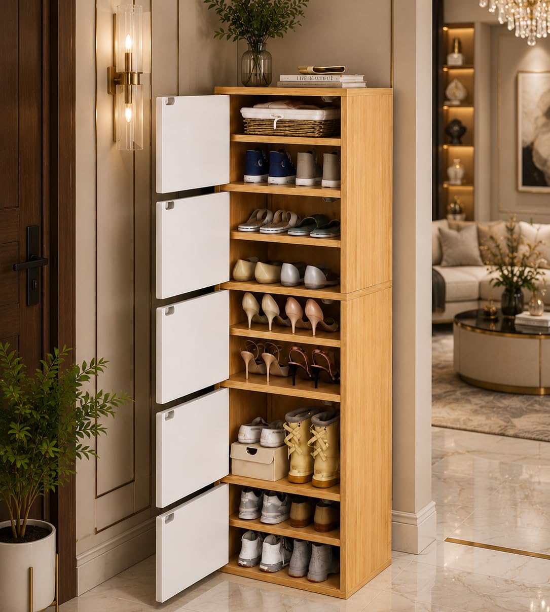 Mevigo-Wooden Shoe Rack with 5-Door -Tall Shoe Cabinet with Doors, 9-Tier Freestanding Shoe Storage Organizer for Entryway, Engineered Wood Shoe Stand Cabinet, Space-Saving Narrow Shoe Rack Wooden