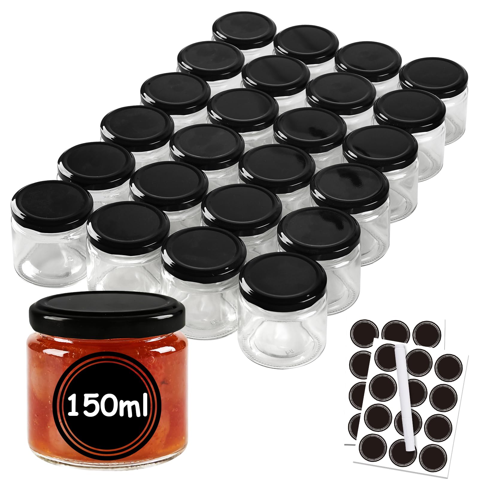 Lot de 24 Pots à Confiture de 150ml avec Couvercl, Petit Pot en Verre avec Couvercle avec Étiquettes et Marqueur,Lavables en Machine,Bocaux à Dessert,Idéaux pour les Confitures et Conserves