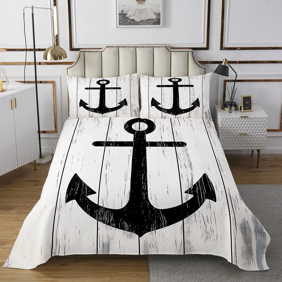 Erosebridal Anchor Coverlet Set Grunge Marine Ornament Bedspread for Kids Child,Weathered Rustic Wooden Planks Bedding Set Nautical Theme Print Quilt Set Balck and White Vintage Graphic Queen Size