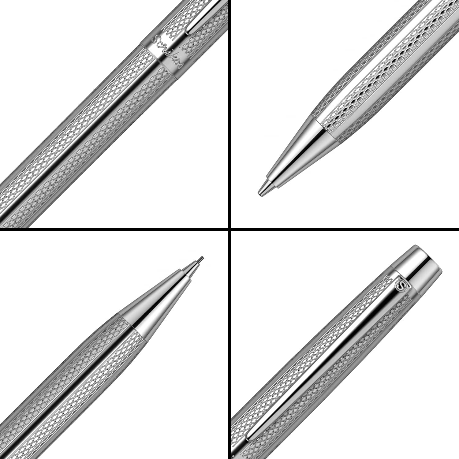 Scrikss Ołówek mechaniczny 0,7 mm, korpus z chromowanego mosiądzu, mechanizm obrotowy, Venus 722, grawerowany wzorem ciętym falą, idealny na prezent