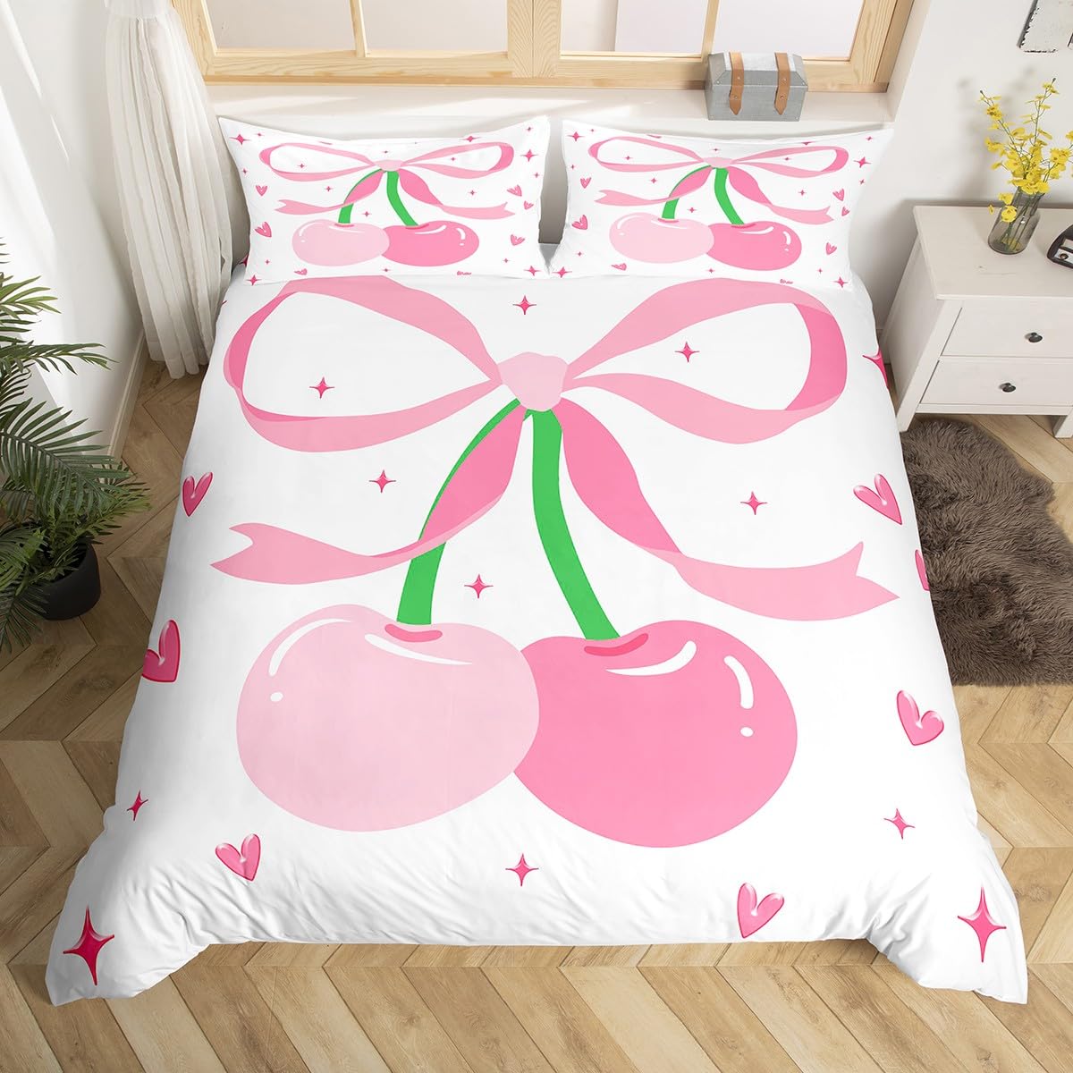 Girls Cartoon Bowknot Bedding Set Super King,Hand Drawn Love Heart Bed Set for Kids Teens,Cherry Coquette Quilt Cover,Glitter Stars Duvet Cover with Zipper Closure — image 1