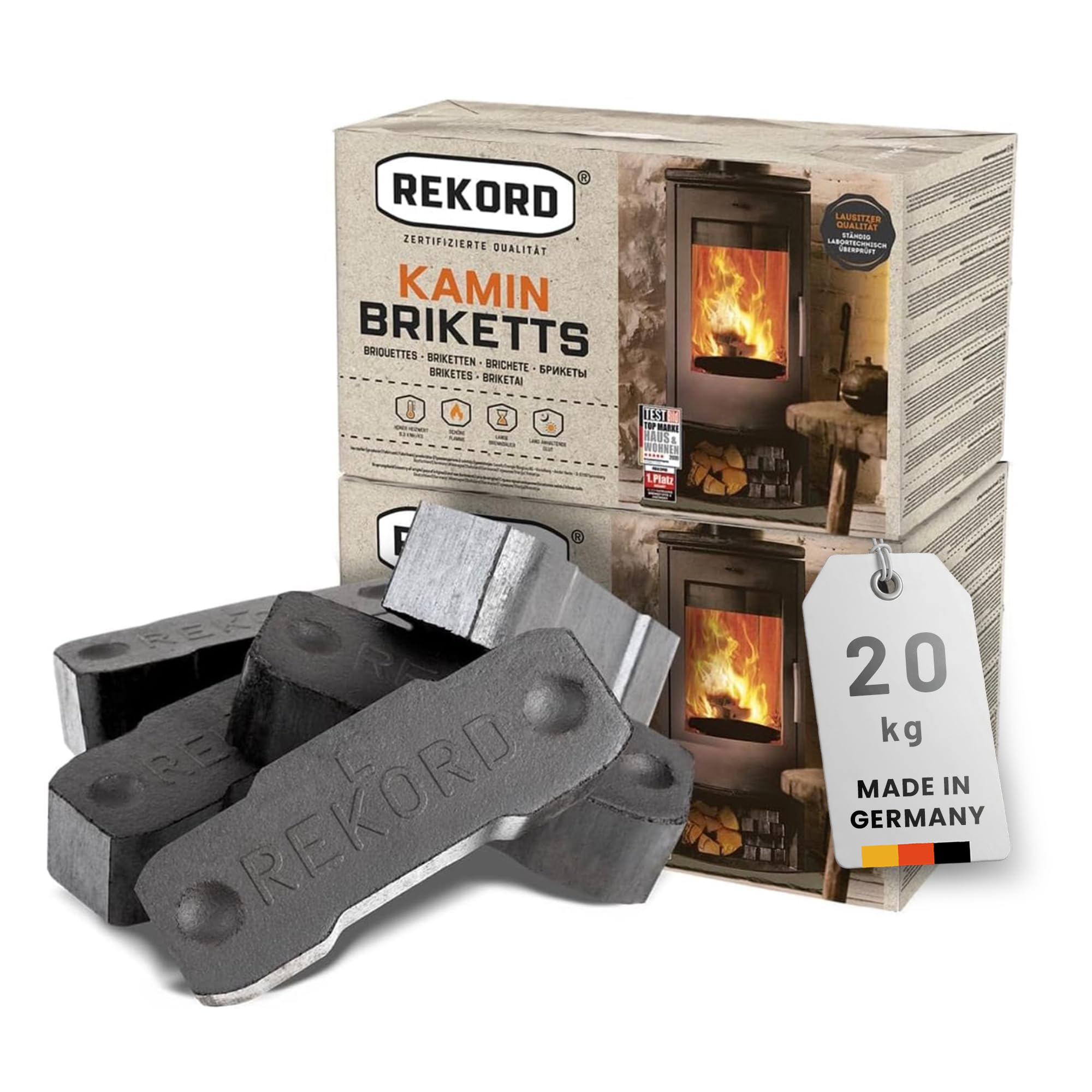 Rekord bricchette di lignite da 20 kg (pacchetto da 2 x 10 kg) – Bricchette per camino ad alto potere calorifico e lunga durata – Qualità – Lignite per camini & stufe a fuoco permanente – Bricchette