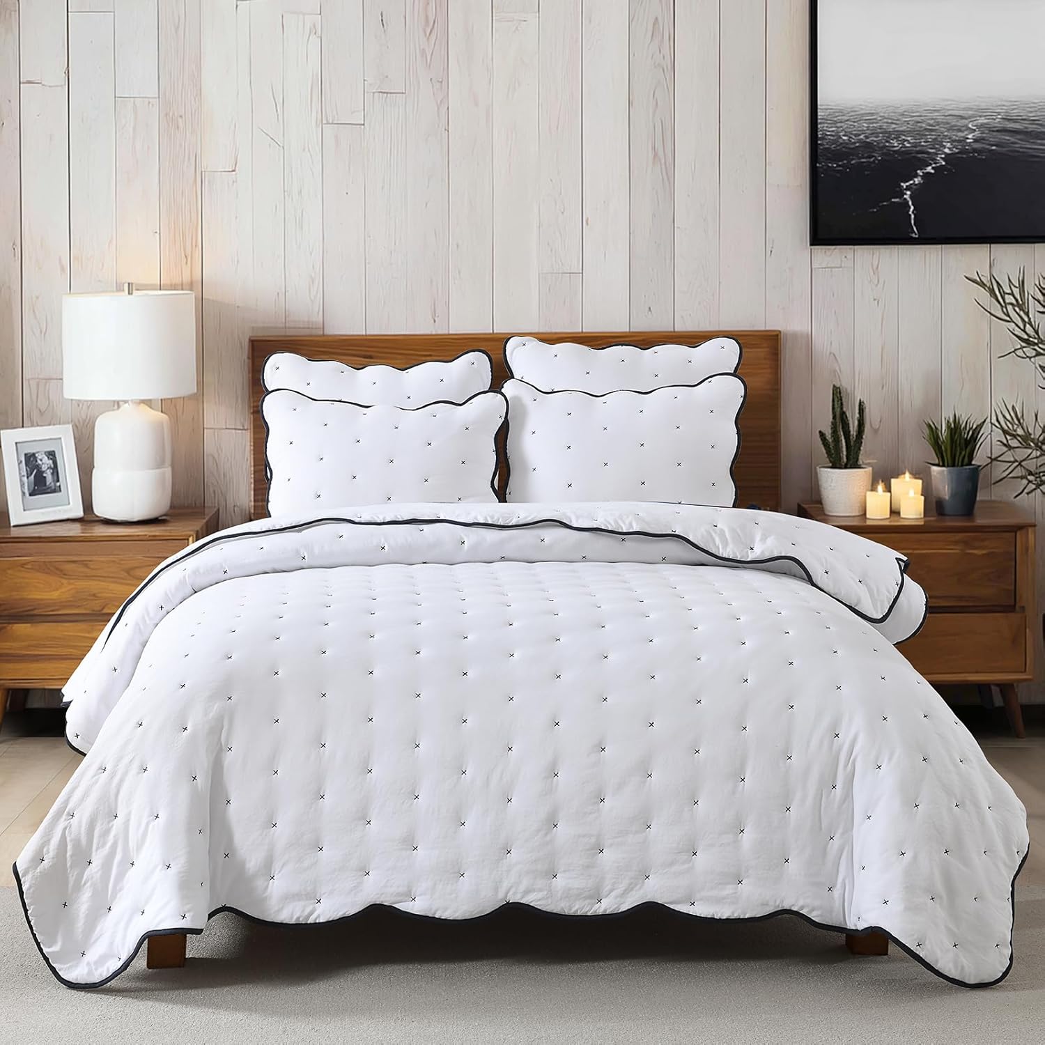 HORIMOTE HOME Quilt Queen Size White, Soft Pre-Washed Microfiber Bedspread Quilted Blanket Thin Comforter with 2 Shams, Lightweight & All-Season Reversible Coverlet for Cozy Bedding