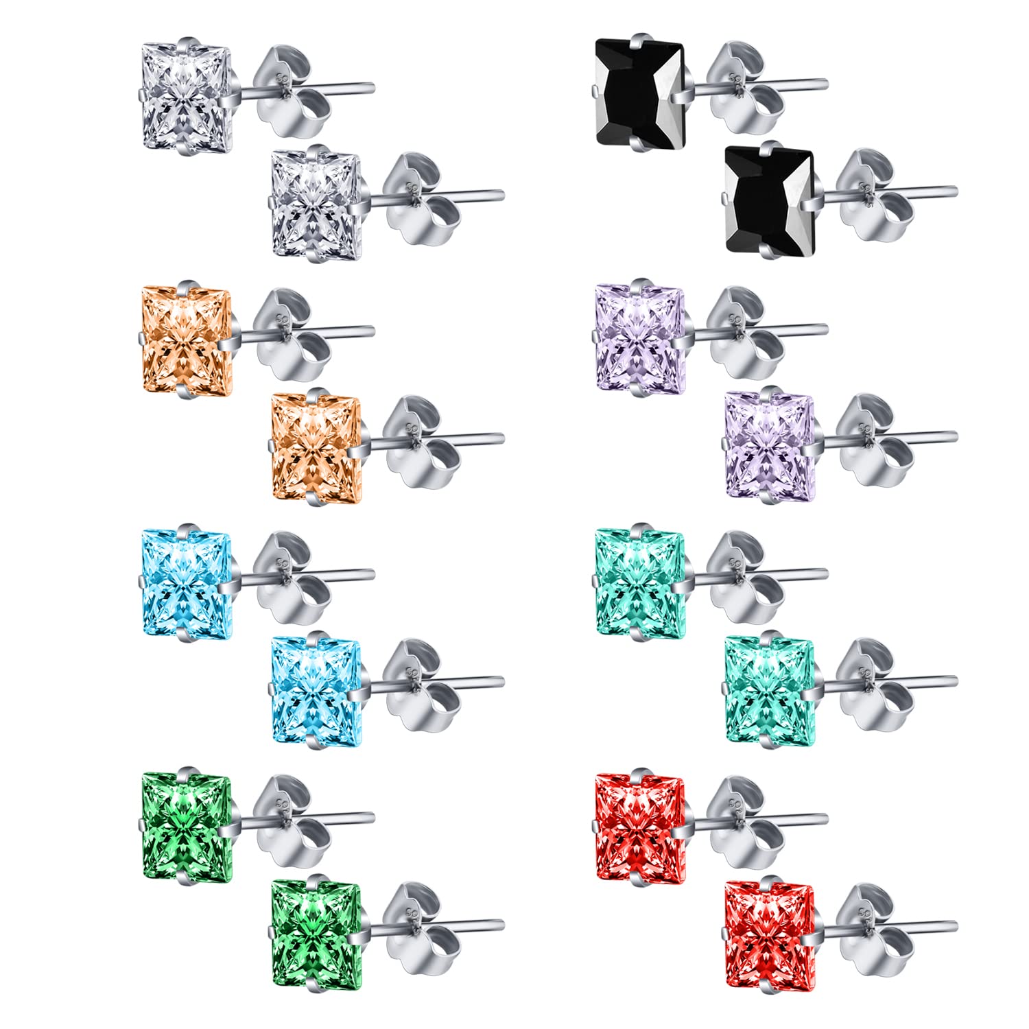 AoedeJ Set 8 Paia Orecchini In Argento 925 Con Zirconi Quadrati - Orecchini A Perno Ipoallergenici Per Donne E Ragazze - Colori Vari