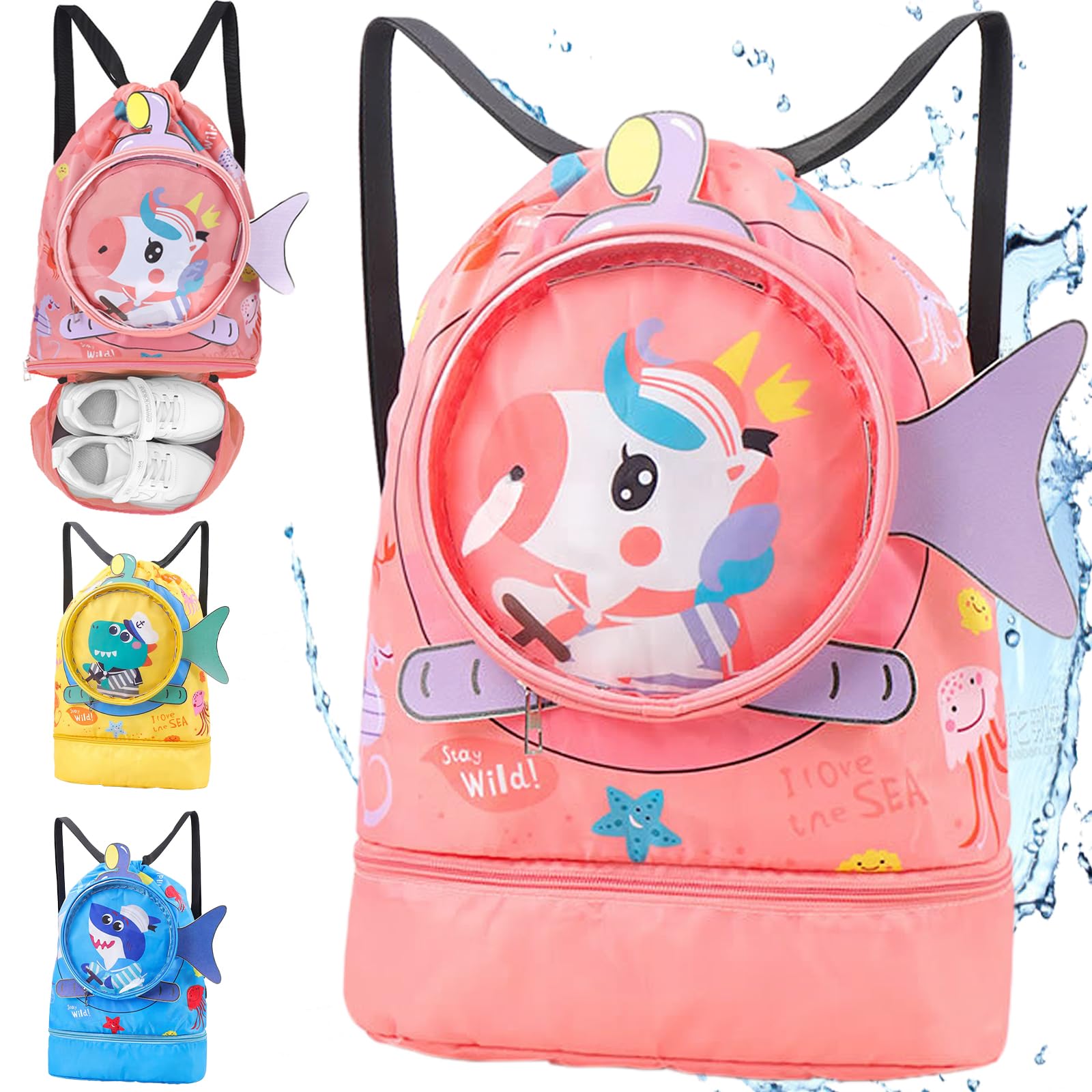 YOUYIKE Mochila con Cordón para Niños, Pequeño Tiburón Mochila Piscina Impermeable Separación en Seco-Húmedo con Compartimento para Zapatos, Adecuado para niños y niñas, Playa, Acampar