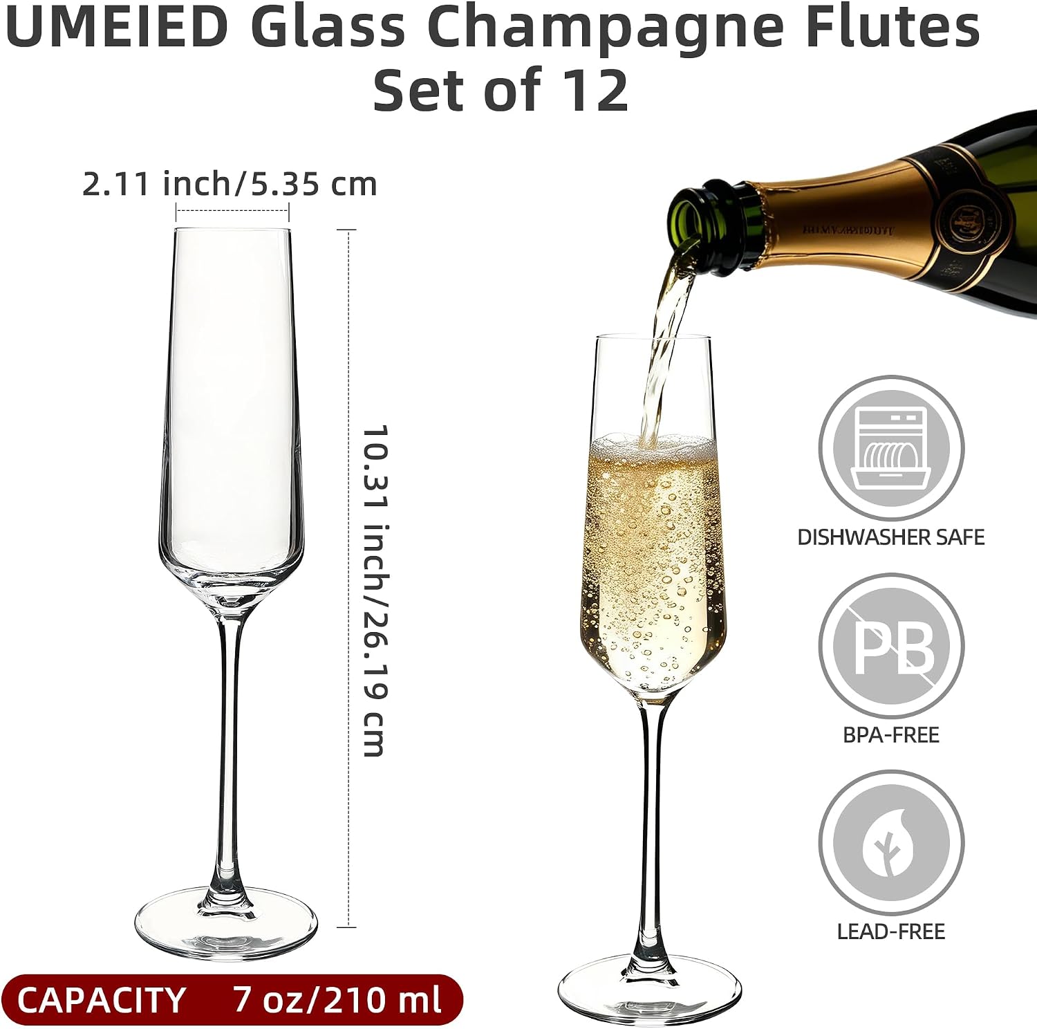 UMEIED 7 Oz Champagne Flutes Set of 12, Long Stem Clear Champagne Glasses