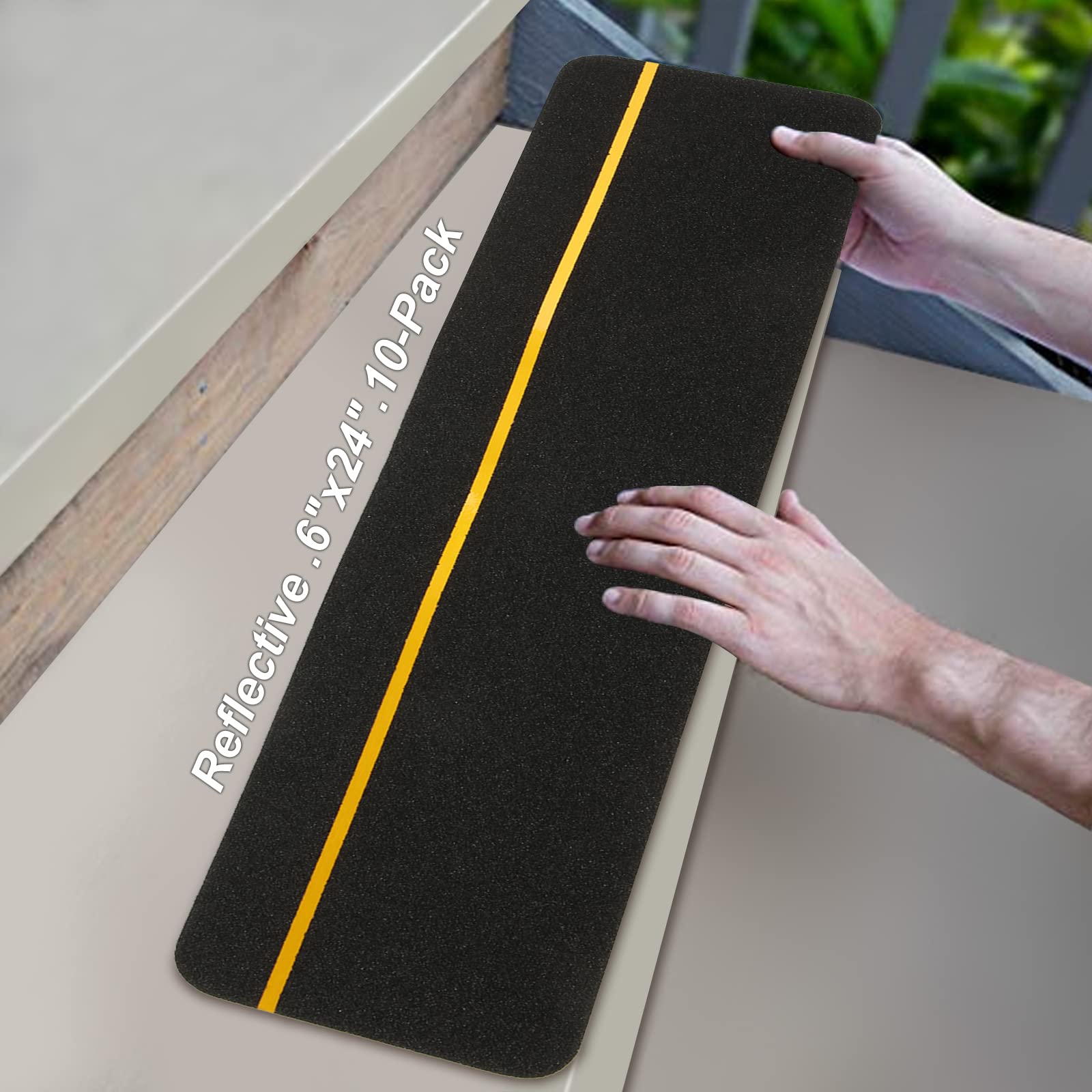 10 Pcs Anti Slip Stair Tread with Reflective Stripe, 6" x 24" Black Grip Tape for Stairs Adhesive Non Skid Tape Outdoor Traction Treads Staircase Step Treads Friction Abrasive for Stairs Step