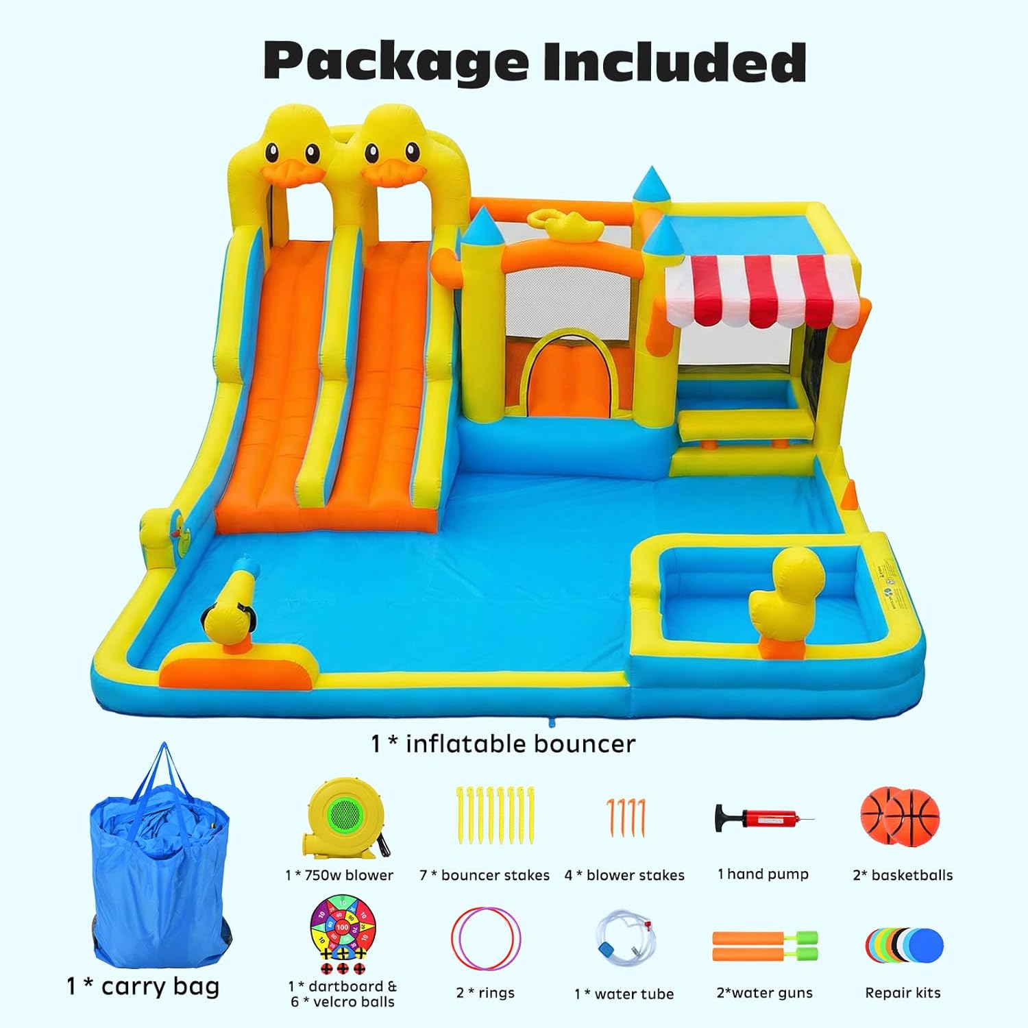 Hapfan Inflatable Bounce House Double Water Slide, 11 in 1 Bouncy Castle with Market Stand, Water Gun, Splash Pool, Climbing Wall, Basketball Hoop for Big Kids, Outdoor Backyard Party