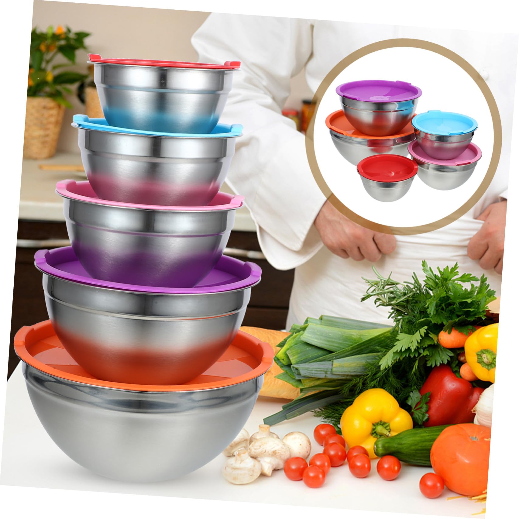 TOYANDONA 5 Stück Schüsselset aus 201 Edelstahl mit Deckel Große Servierschüsseln Rund für Salat und Snack Elegantes Design Sicher und Bequem für Hotel und Restaurant