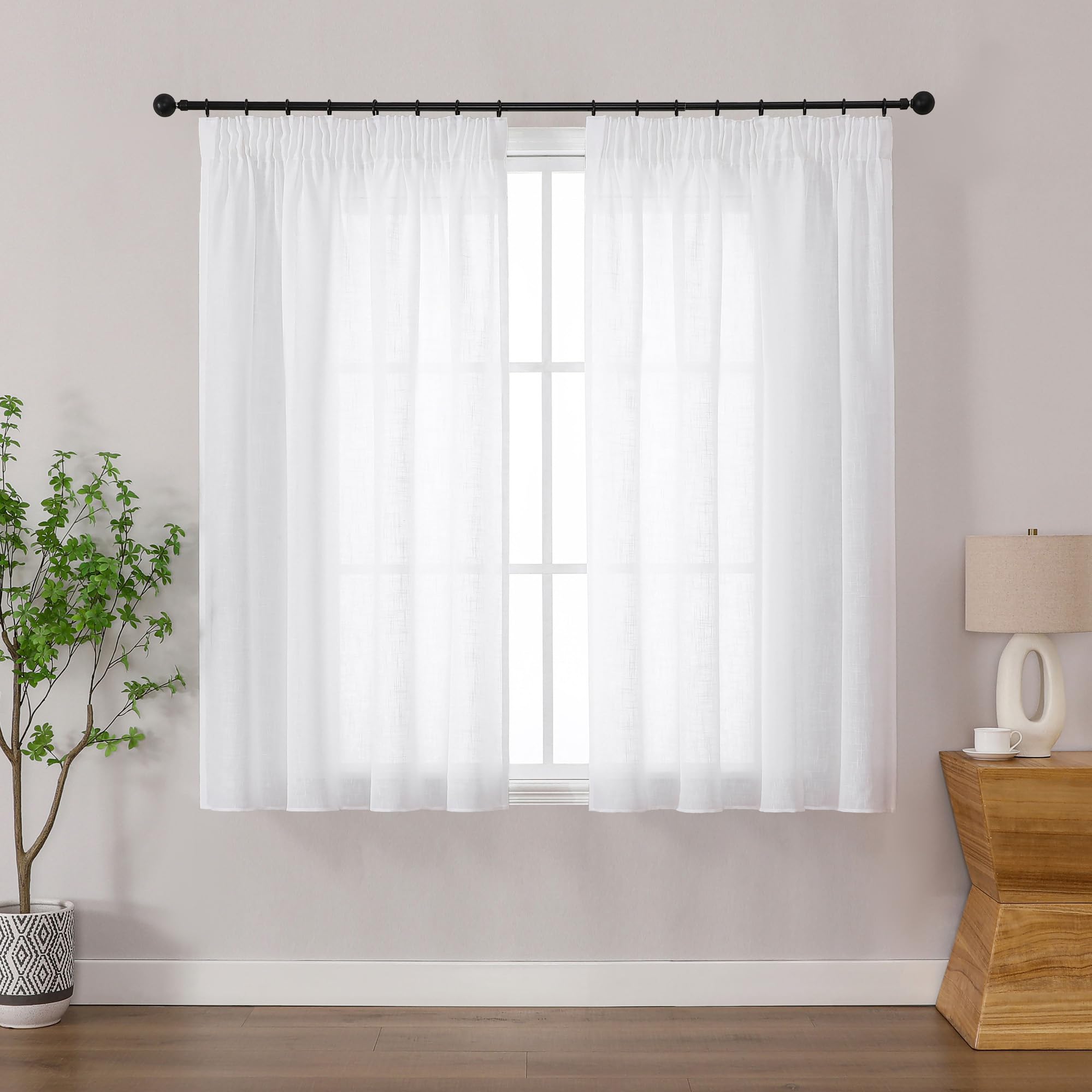 Simplebrand White Linen Blend Pencil Pleat Curtains, Light Filtering Semi-Sheer Textured Window Drapes for Privacy, 2 Panels for Kitchen, Bathroom Window & RV Camper, W140 x L122 cm