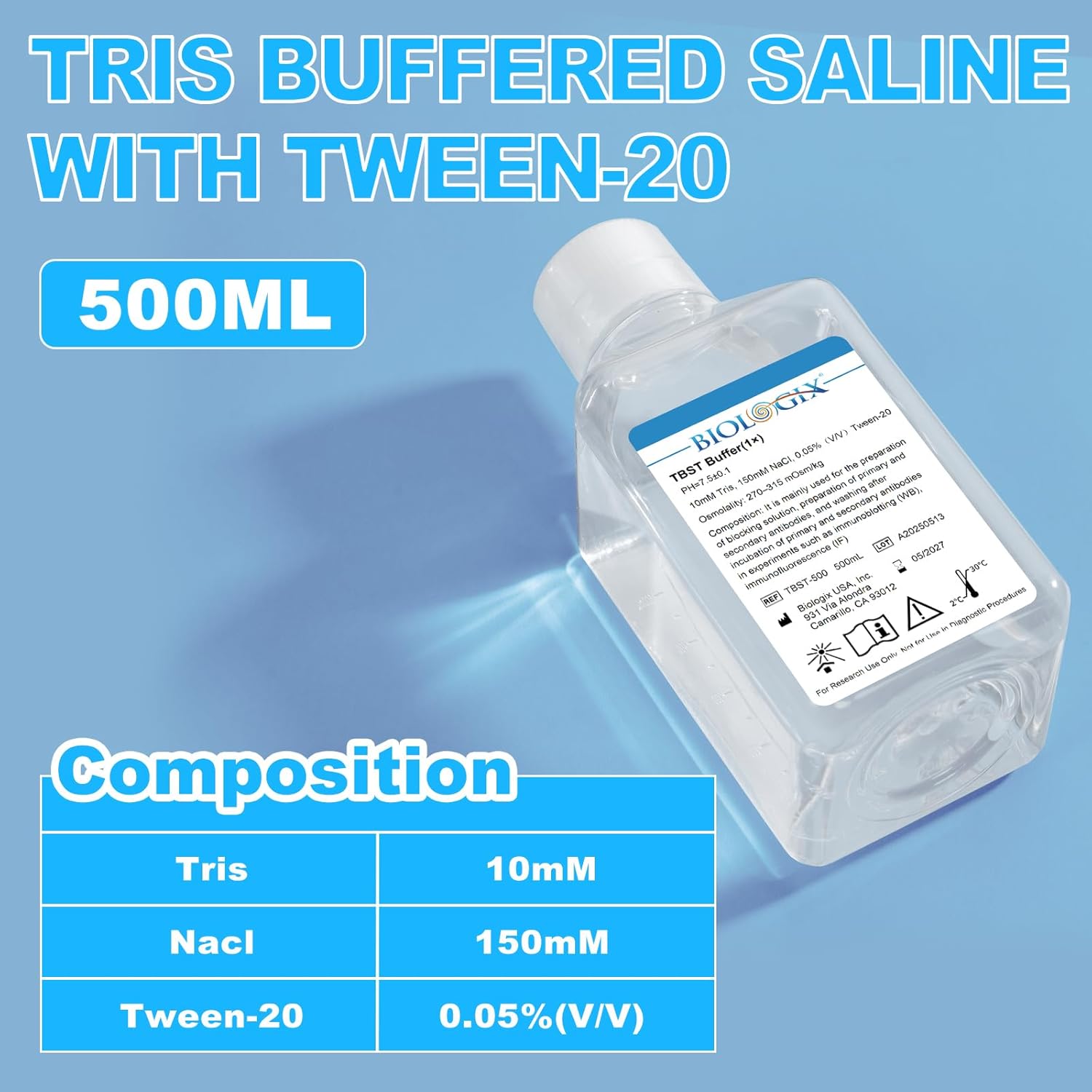 Tris Buffered Saline, TBST Buffer with Tween-20, 1×Concentrate, Isotonic Buffered Saline Solution for Lab, 7.5pH, Ready to Use, 500ml/Bottle, 6 Bottles/Case