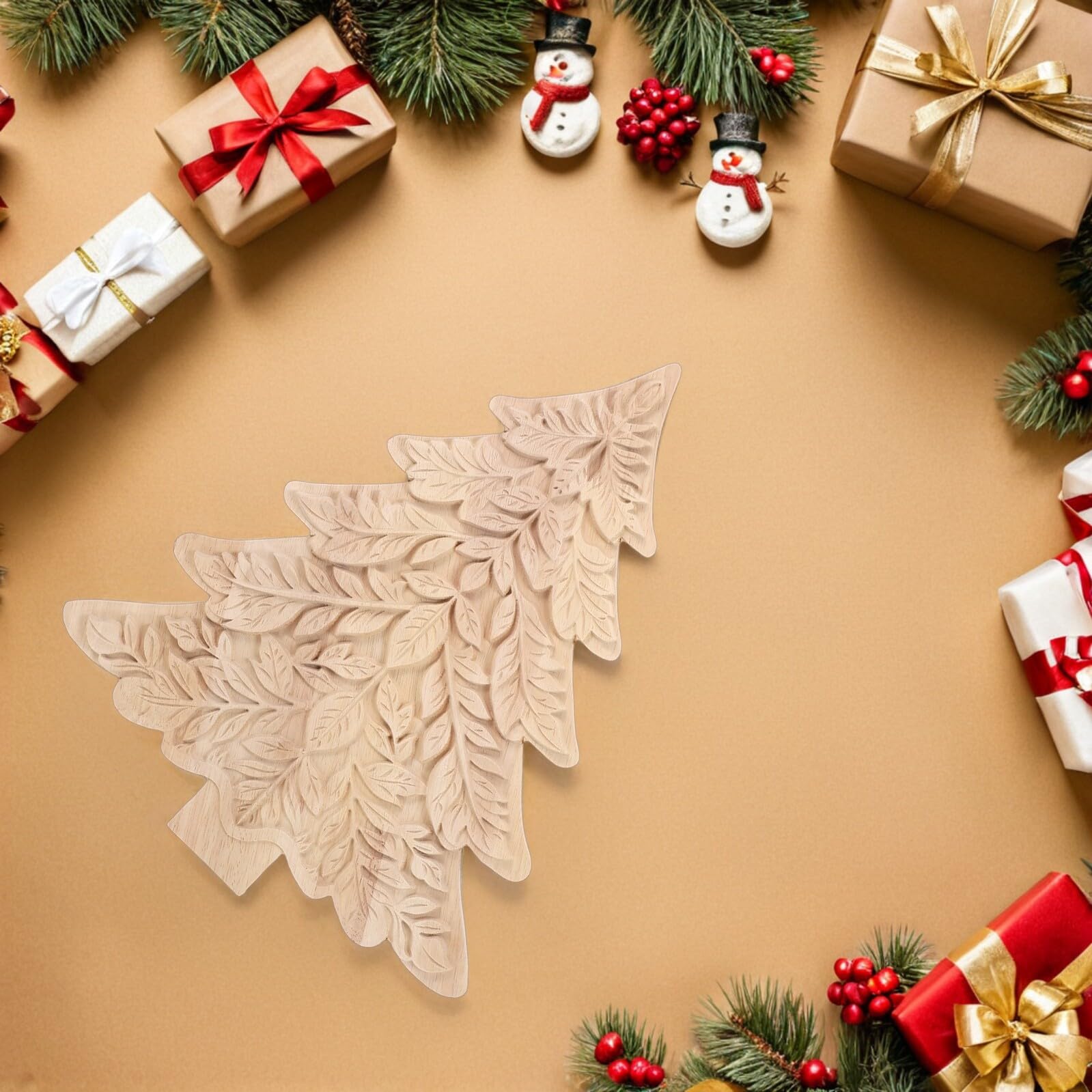 Décoration Sapin de Noël Bois Sculpté Ornements Rustiques sur Pied Éléments DIY pour Centre de Table et Cheminée Décor Hivernal Bois Naturel