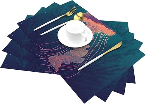 Miniatura 6 de 6 PCS PVC Placemats Set Place Mats Jellyfish Illustration Non-Slip Weave Place Mats 12" x 18" Farmhouse Table Mat Set for Family Dinners Wedding