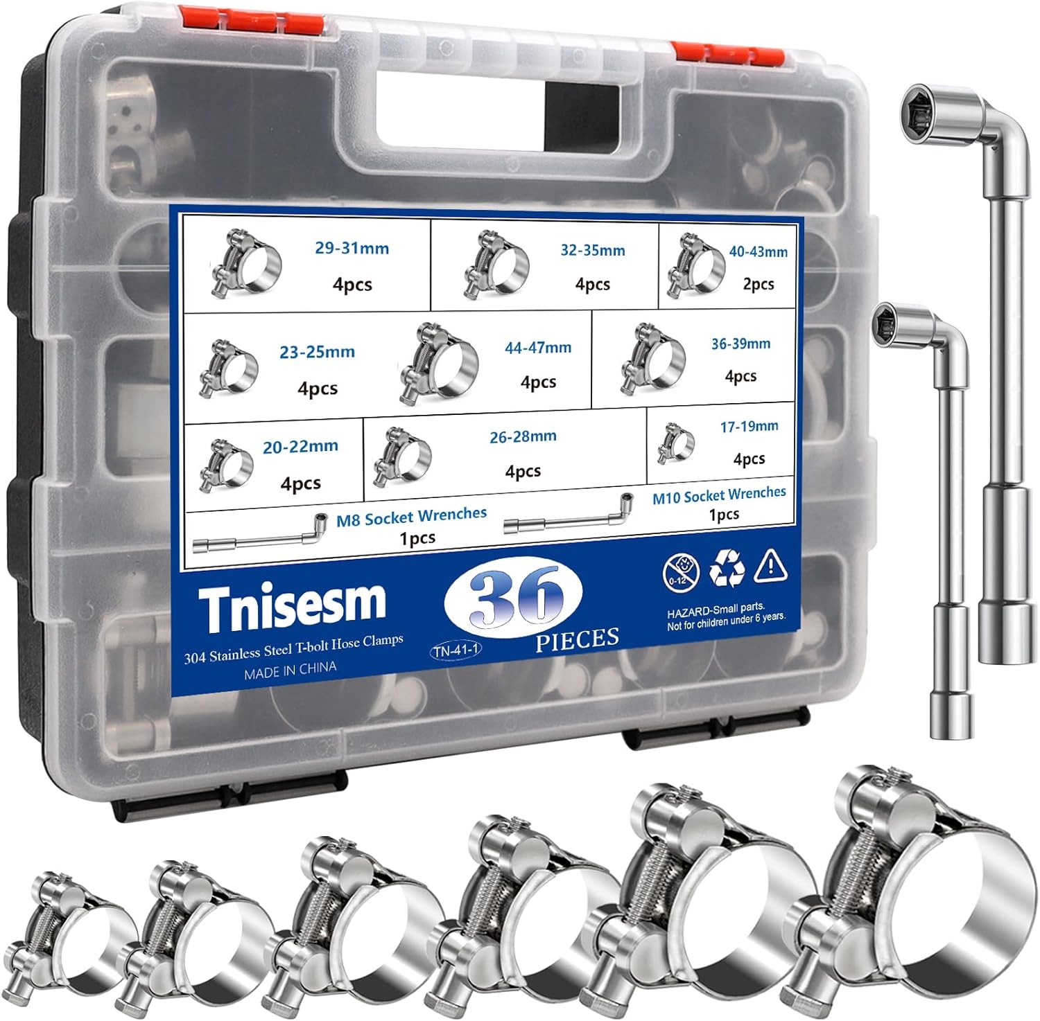 Tnisesm 36Pcs 17-47mm T-bolt Hose Clamps, 6 Size 17-35mm Heavy Duty Radiator Hose Clamps Assortment Kit, 304 Stainless Steel Pipe Tube Clamps with M8 and M10 Socket Wrenches
